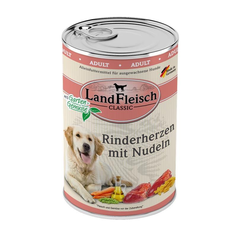Landfleisch Dog Classic Rinderherzen mit Nudeln & Gartengemüse - 400g Landfleisch Dog Classic Rinderherzen mit Nudeln & Gartengemüse - 400g