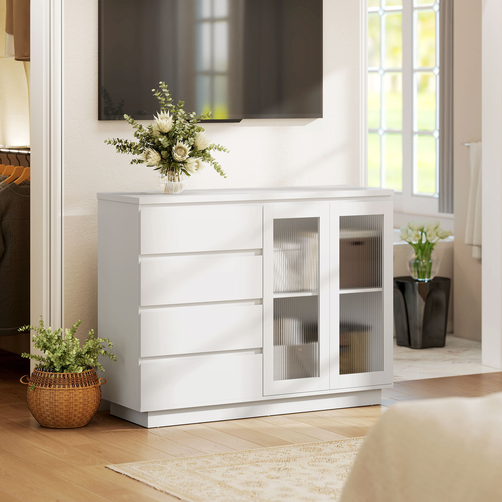 Buffetschrank, Sideboard mit 4 Schubladen, 2 Glastüren, modernes Design, MDF, Weiß