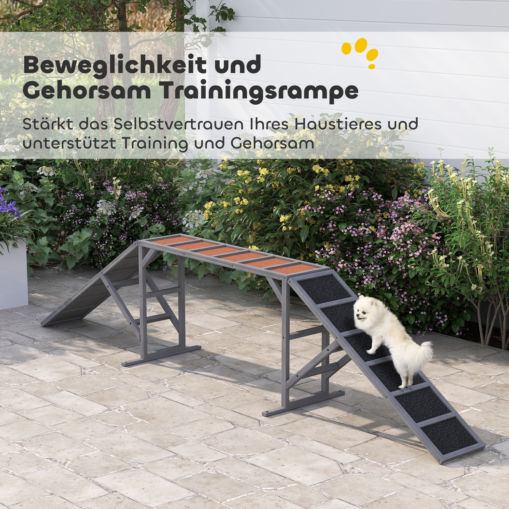 Hunde Agility Steg mit Sicherheitsstange rutschfester Oberfläche wetterfest Agility-Gerät bis 40 kg 325x55x69 cm Grau