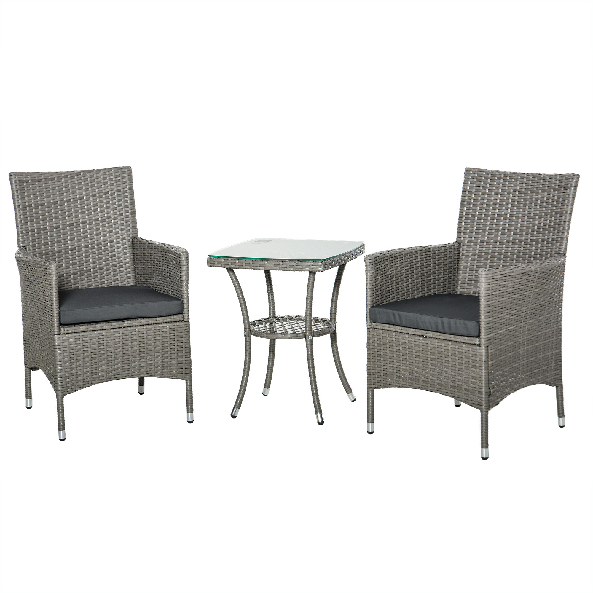 Polyrattan Gartenmöbel Set, Outdoor Lounge Balkonmöbel für 2 Personen, 3-teilig Sitzgruppe, 2 Stühle, Tisch Sitzkissen, Gartenlounge für Garten, Terrasse, Balkon, Grau