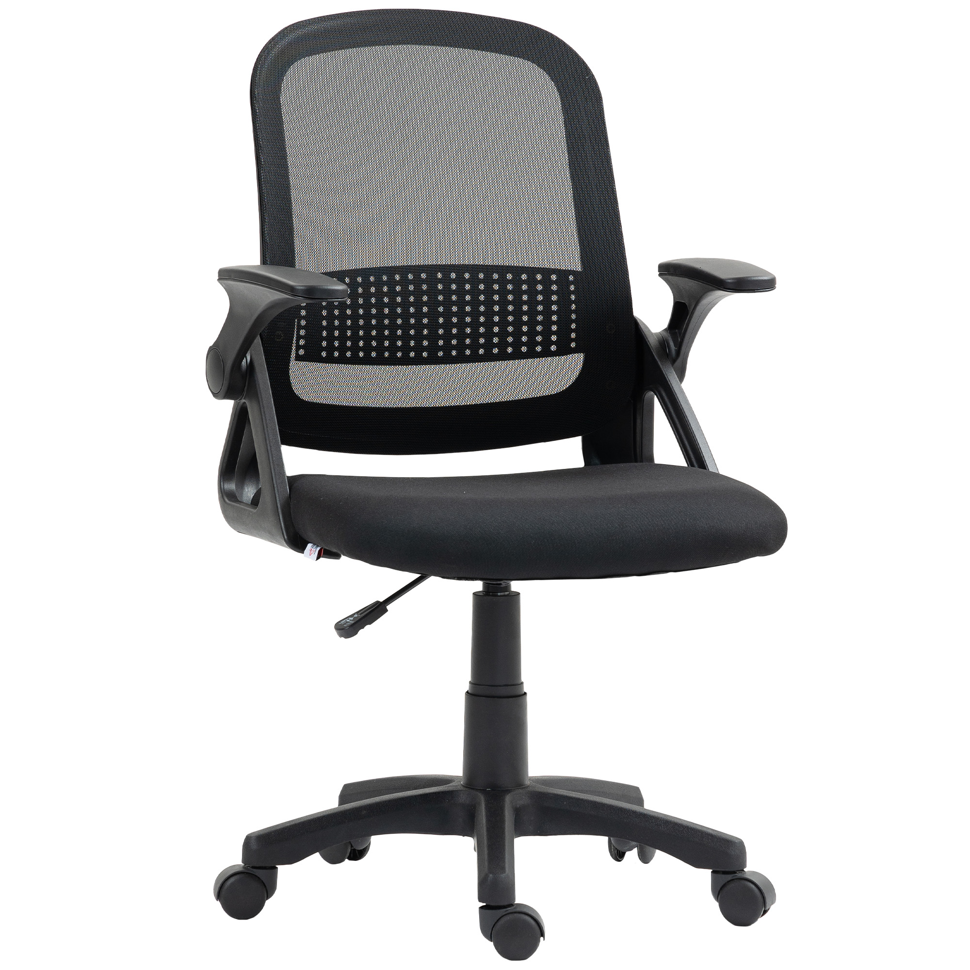 atmungsaktiver Mesh-Bürostuhl, Ergonomischer Drehstuhl mit klappbaren Armlehnen und Lendenwirbelstütze, Schwarz