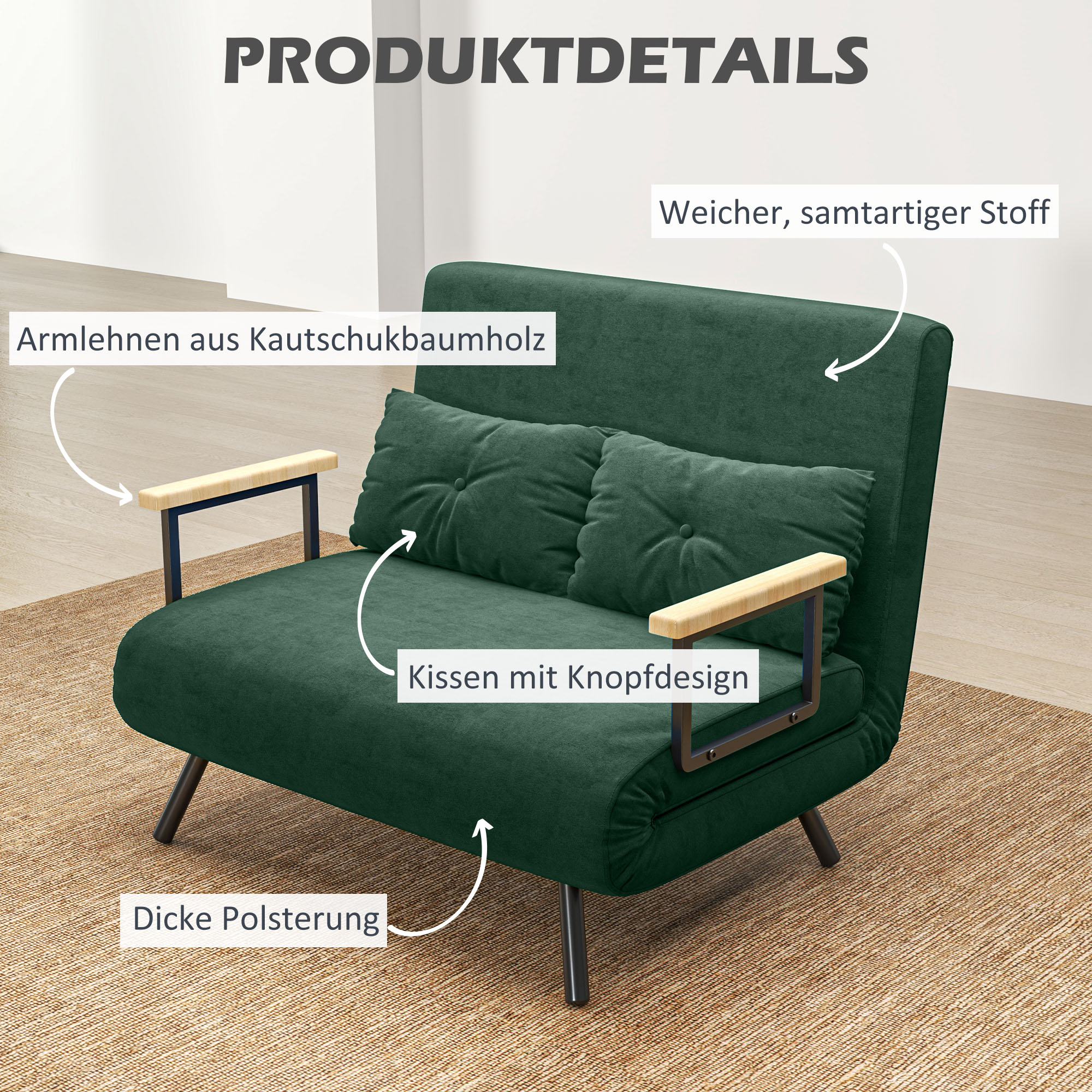 Schlafsofa 2er-Sofa Samtsofa, Schlaffunktion, inkl. 2 Kissen, Samtoptik, Natur + Grün