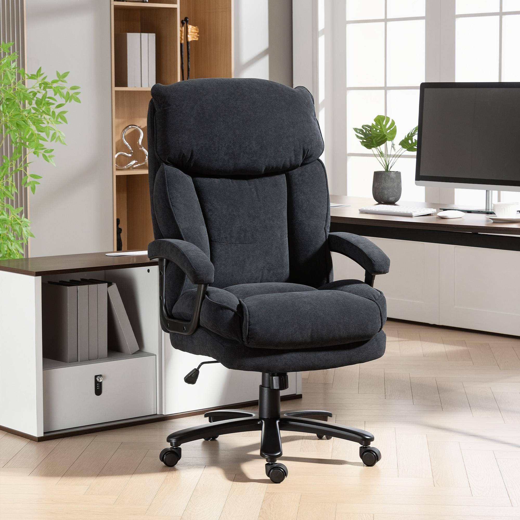 Chefsessel Ergonomisch Bürostuhl bis 200 kg mit Samtoptik, Hoher Rückenlehne, für Büro und Homeoffice Schwarz