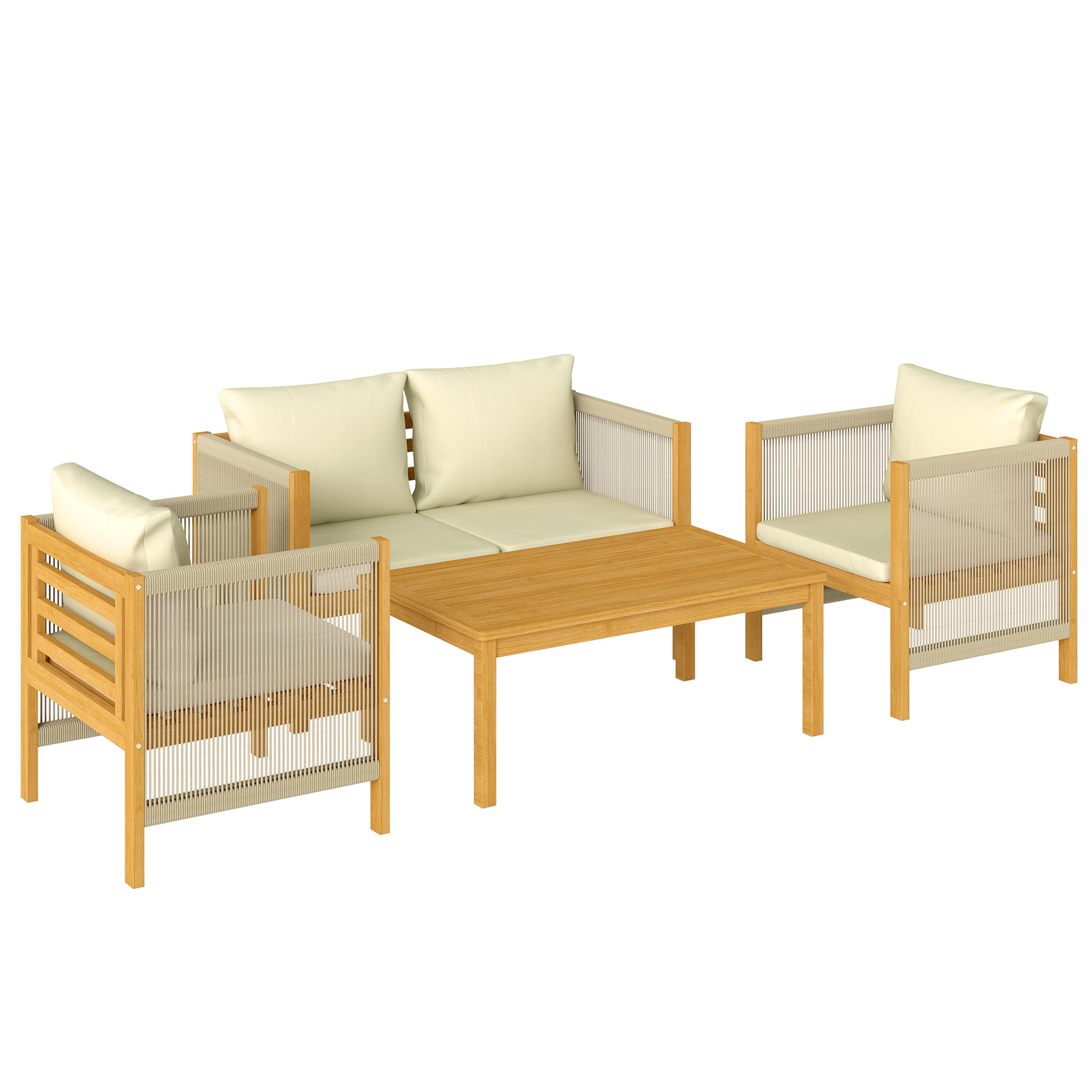 Gartenmöbel Set Holz Sitzgruppe für 4 Personen mit 2er Sofa 2 Sessel Tisch Seilflecht Lamellendesign waschbar Kissen