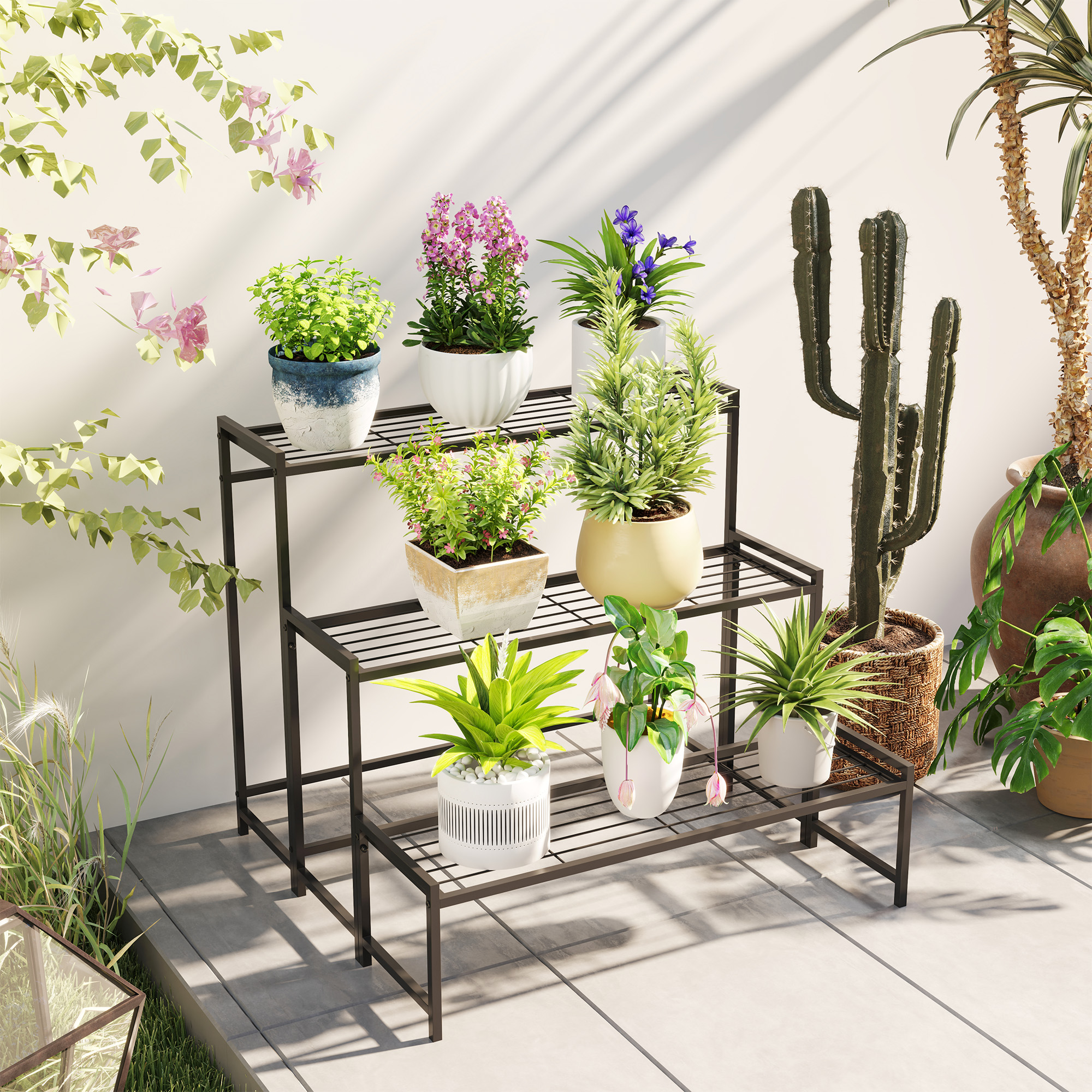 Blumentopfständer, 3-stufiger Pflanzenständer in Treppenform, Blumentopfgestell für drinnen und draußen, Metall, Schwarz
