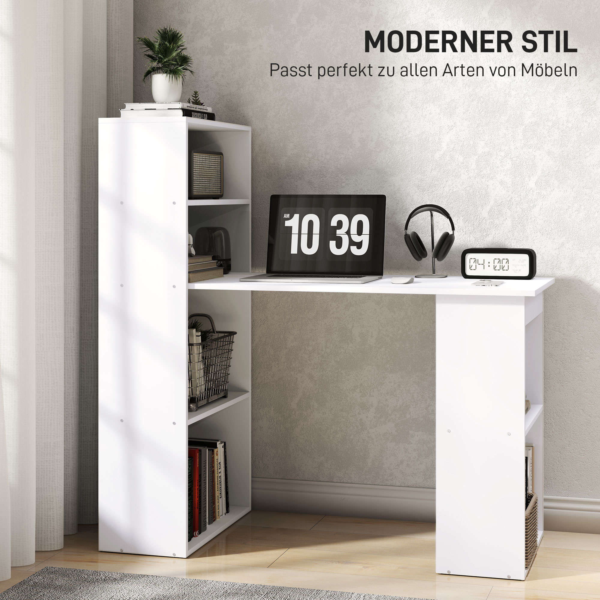 Schreibtisch Bürotisch Computertisch, 2 Regale, 5 Regalböden, 120 cm x 55 cm x 120 cm, Weiß