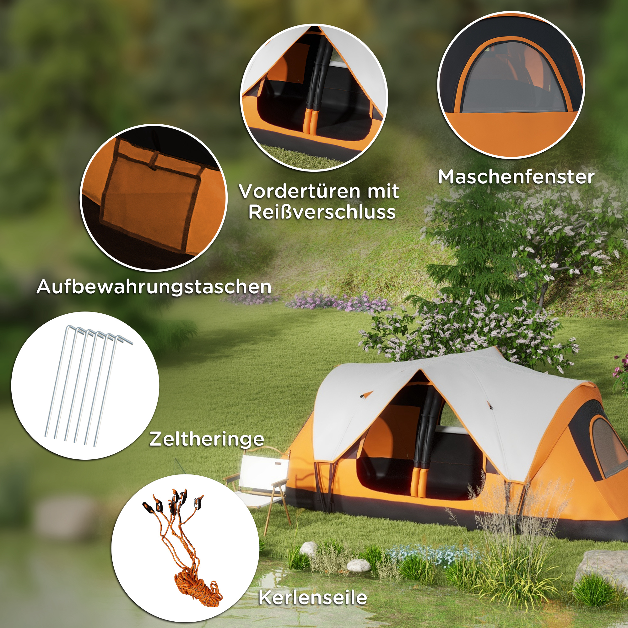 Campingzelt, 2 Räume, Trennwand, für 6-8 Personen, Regenschutz, Orange