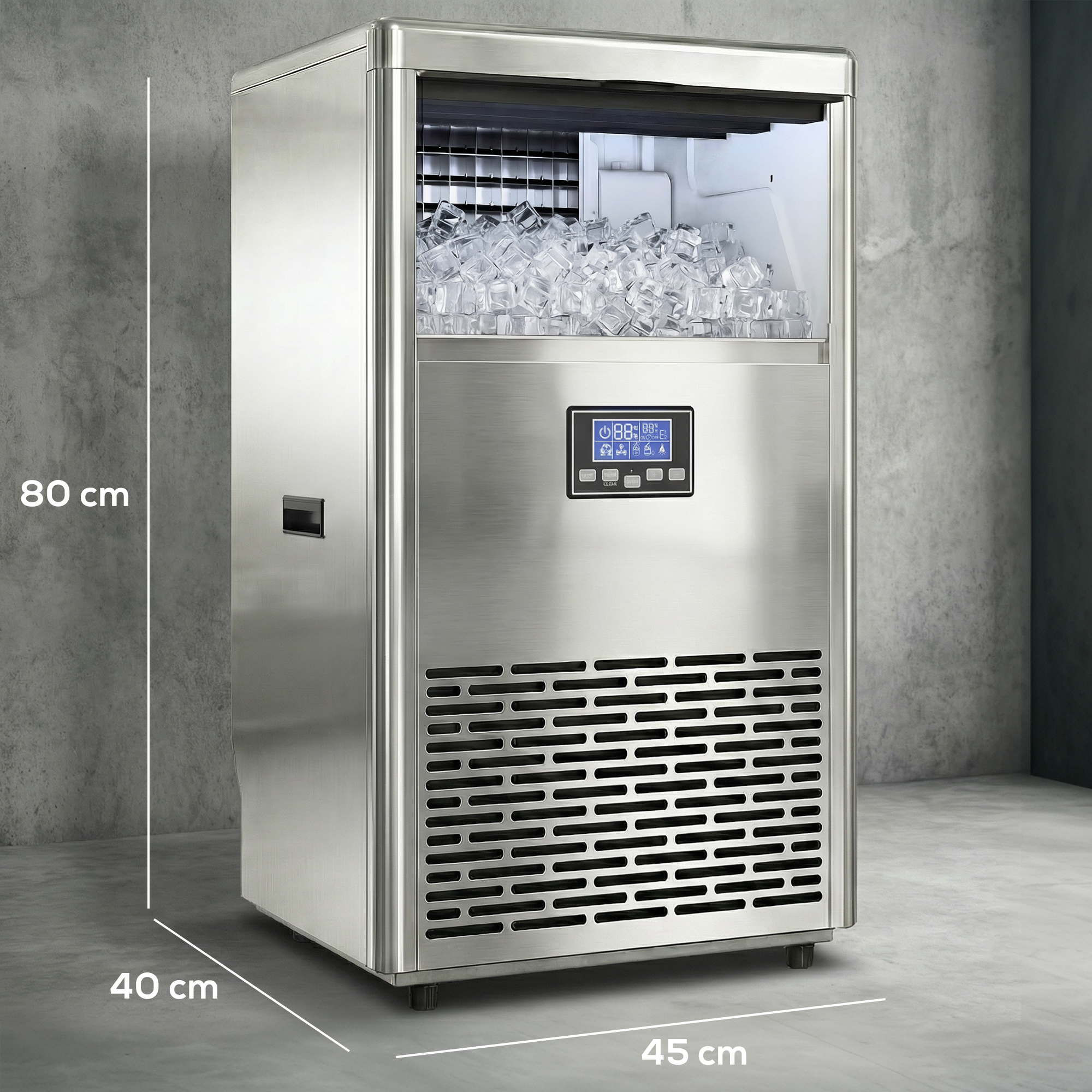 gewerblicher Eiswürfelbereiter 45 kg/24 Std., Edelstahl, mit 15 kg Speicher, Selbstreinigung, Silber