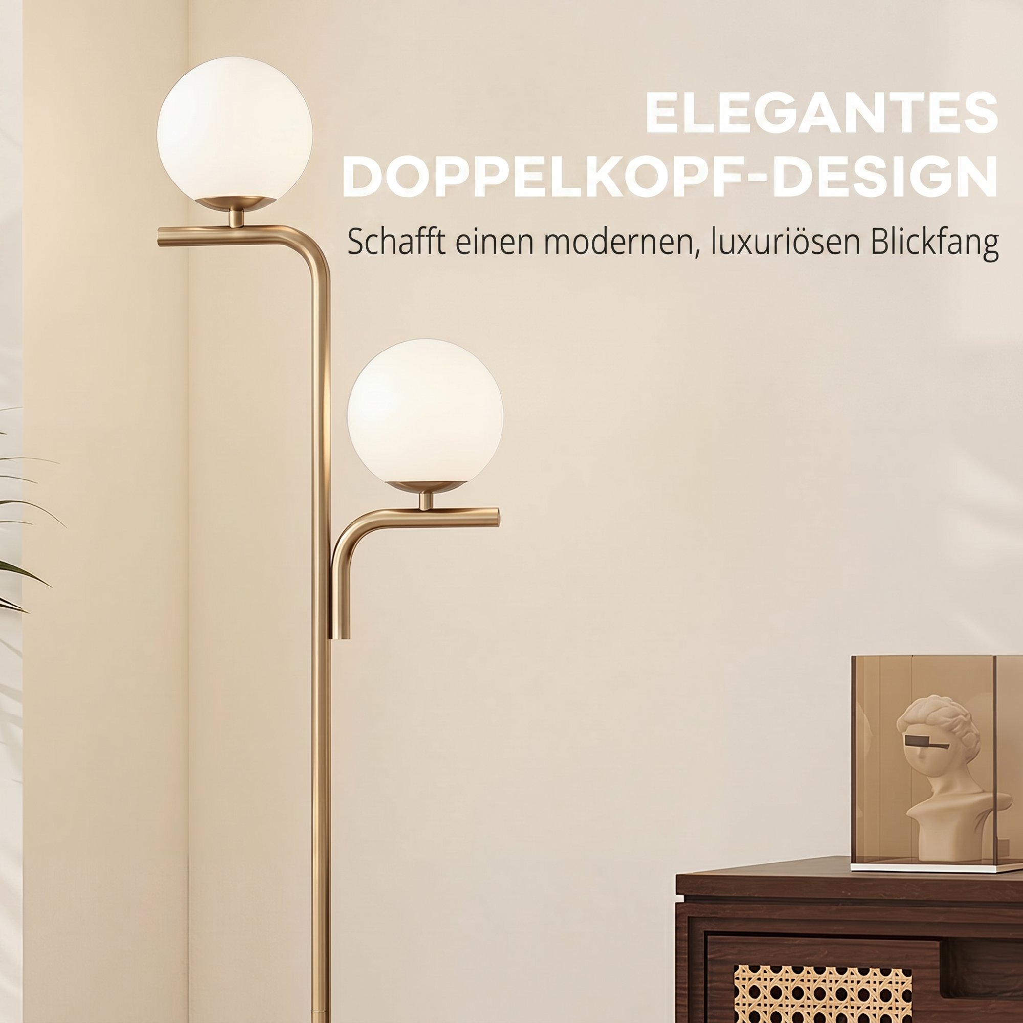 LED-Stehlampe, moderne Lampe mit 3 Farbtemperaturen, Glaskugelschirme und Fußschalter, Gold