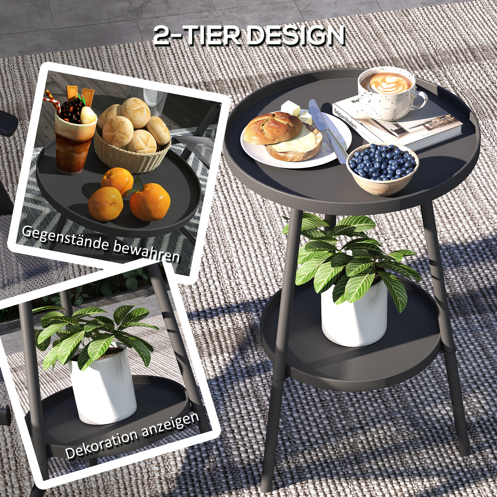 Beistelltisch Garten Zweistufig Gartentisch mit erhöhten Kanten runder Balkontisch Ø32 x 51H cm