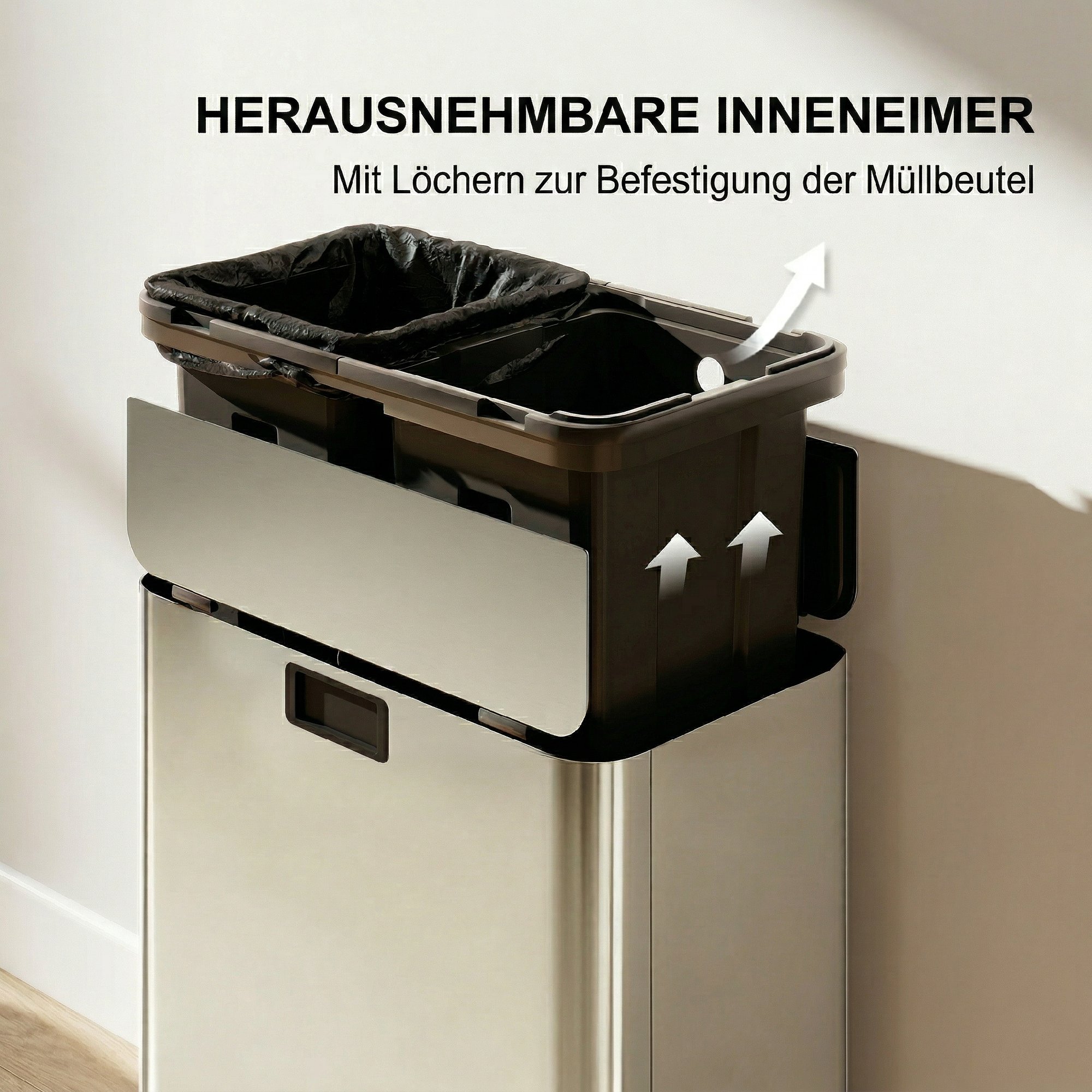 Küchenmülleimer 2 x 28L Edelstahl-Tretmülleimer mit Soft-Close-Deckel, herausnehmbaren Inneneimern
