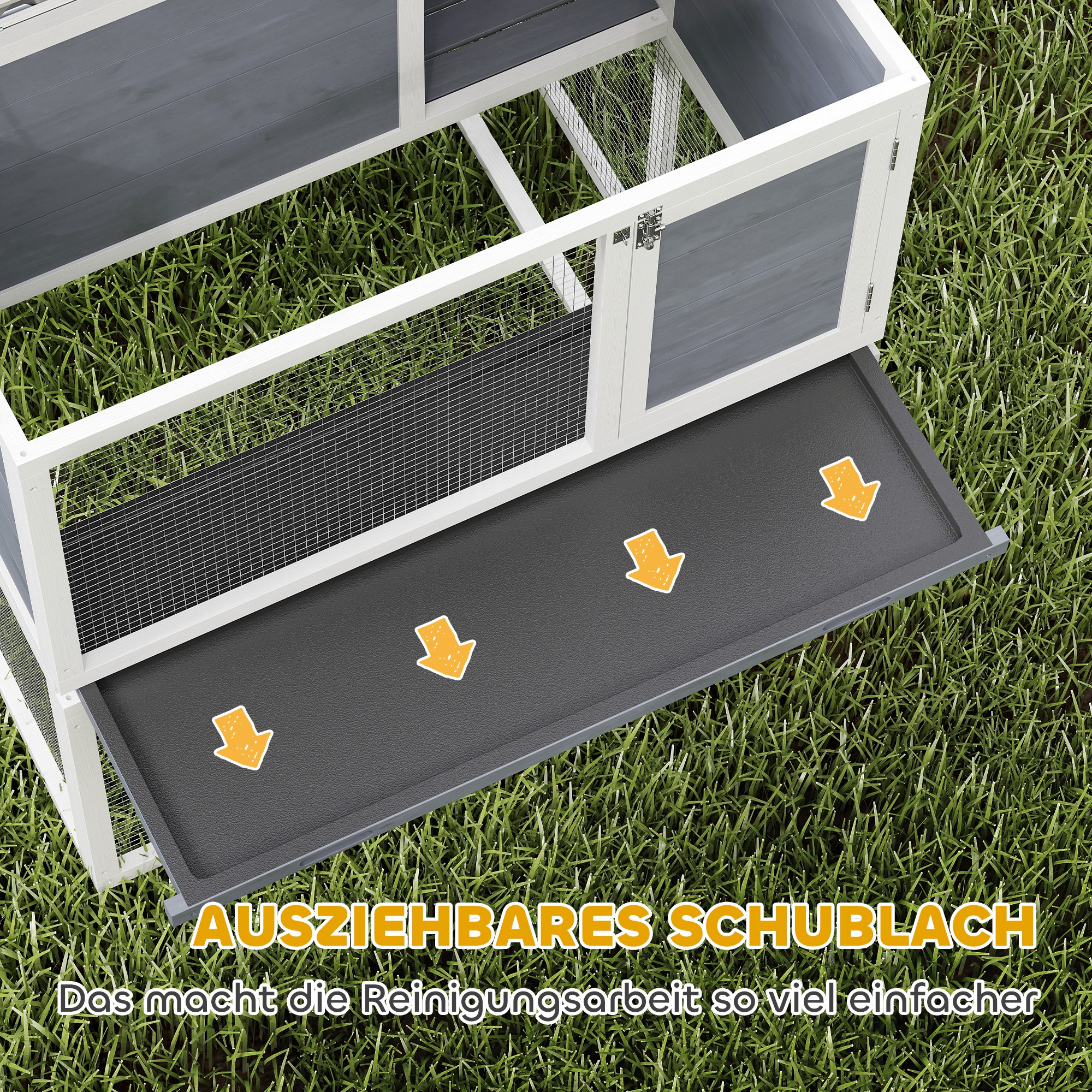 Hasenstall 2 Etagen, Kaninchenstall aus Holz mit wetterfest aufklappbares Dach, Freilaufgehege, Rampe, 98x95x102,5 cm Grau