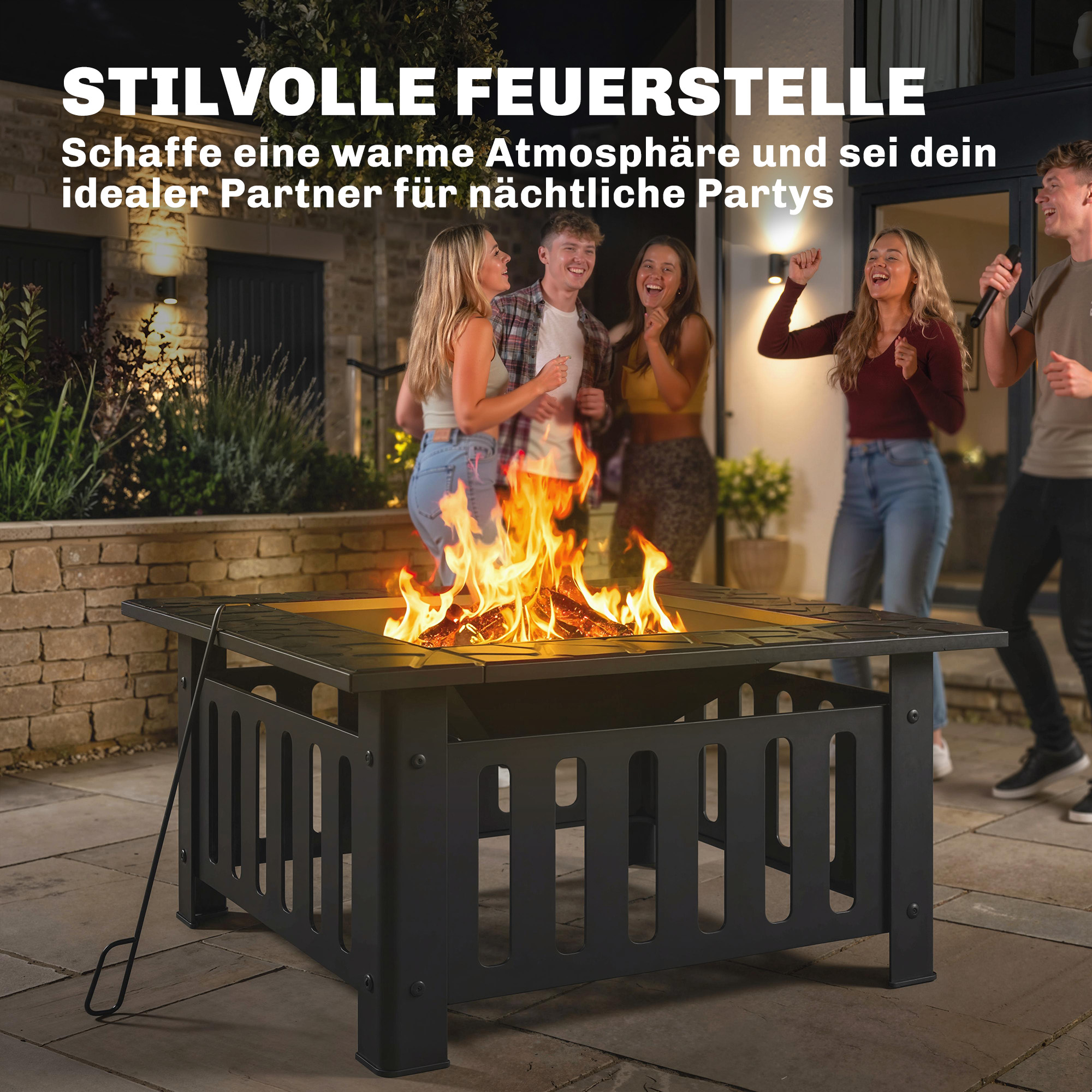Feuerschale aus Stahl Feuerstelle mit Funkenschutz Schürhaken für Outdoor BBQ Camping 67x67x47cm Schwarz