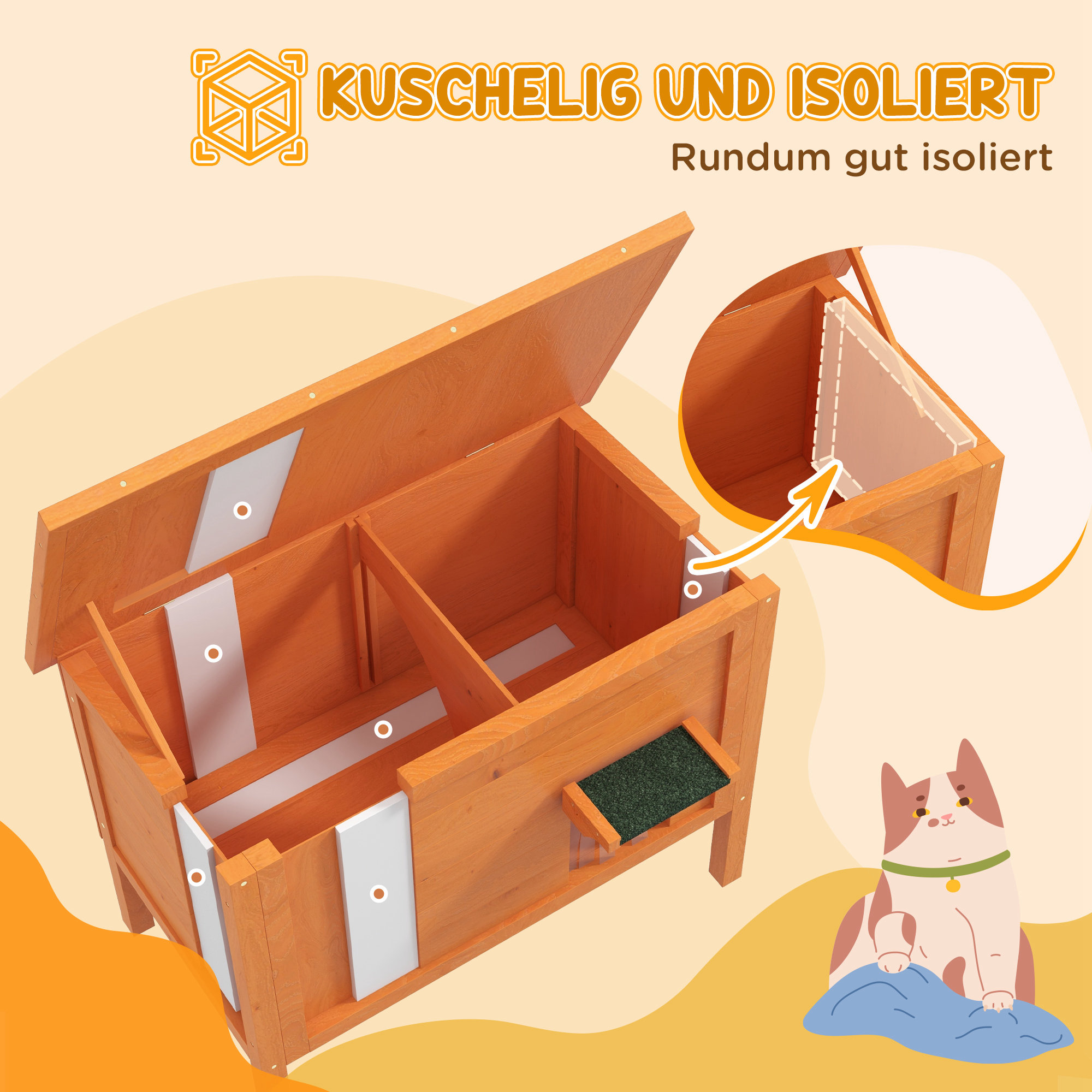 Katzenhaus Outdoor-Katzenhaus Katzenhütte, wetterbeständig, 1 Fenster, 1 Eingang, 85 x 50 x 68,5 cm, Orange+Grün