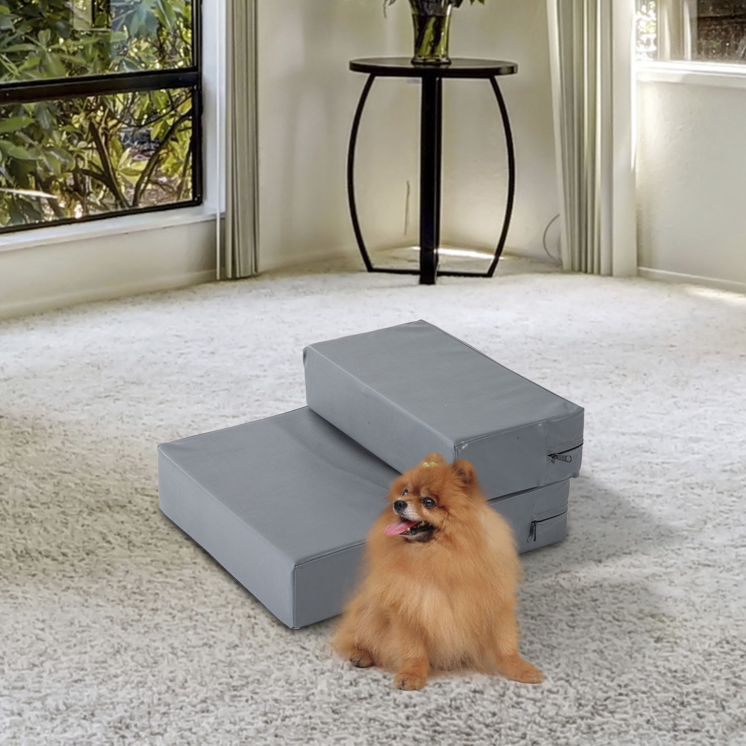 Haustiertreppe Tierunterlage 2 Stufen Klappbar bis 7 kg Hundetreppe Treppe Unterlage für Katzen und Hunde Grau L45 x B39 x H20 cm