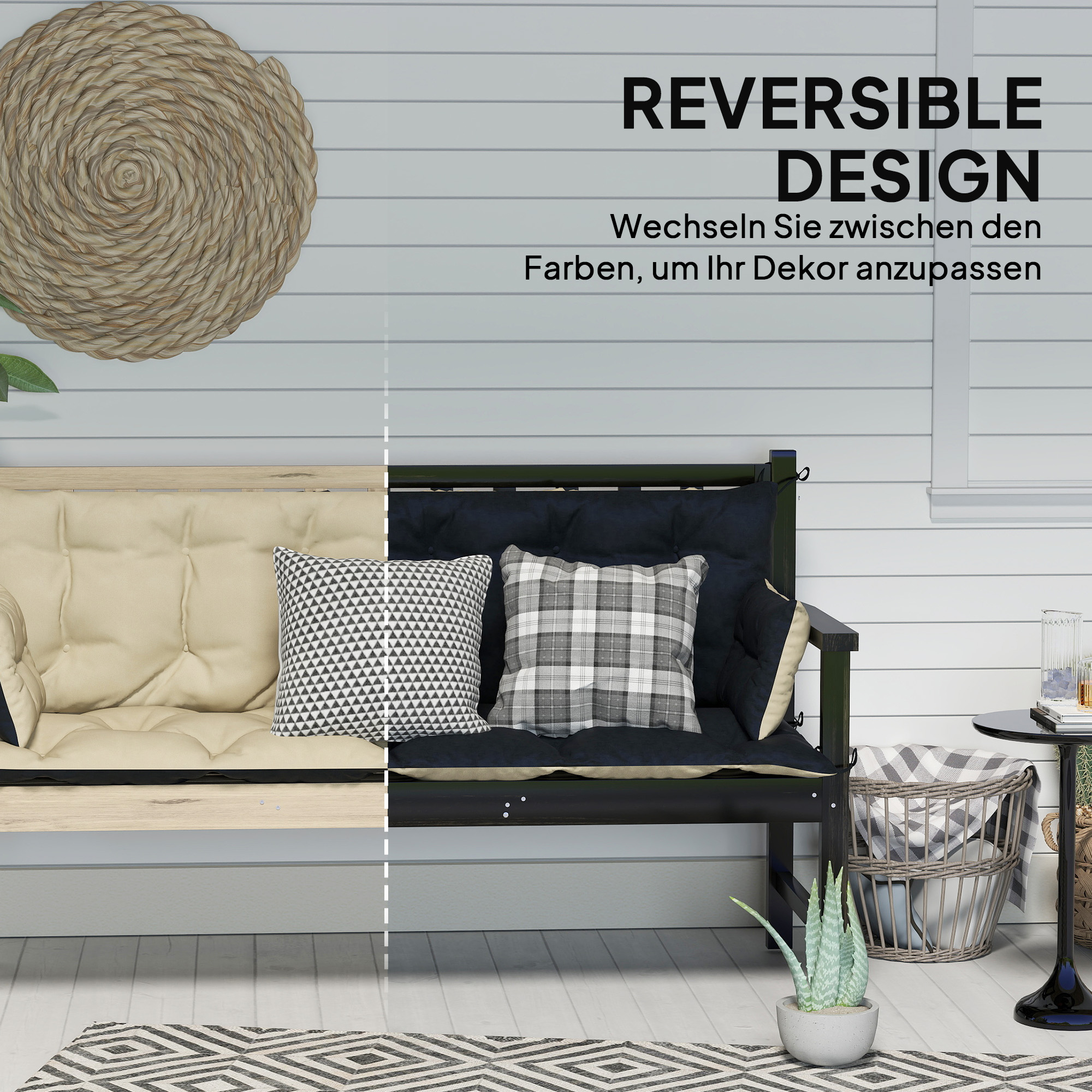 Outdoor-Kissen-Set für Bank oder Hollywoodschaukel, zweifarbig, Polyester, Schaumstoff, 180 x 110 x 8 cm, Beige+Schwarz