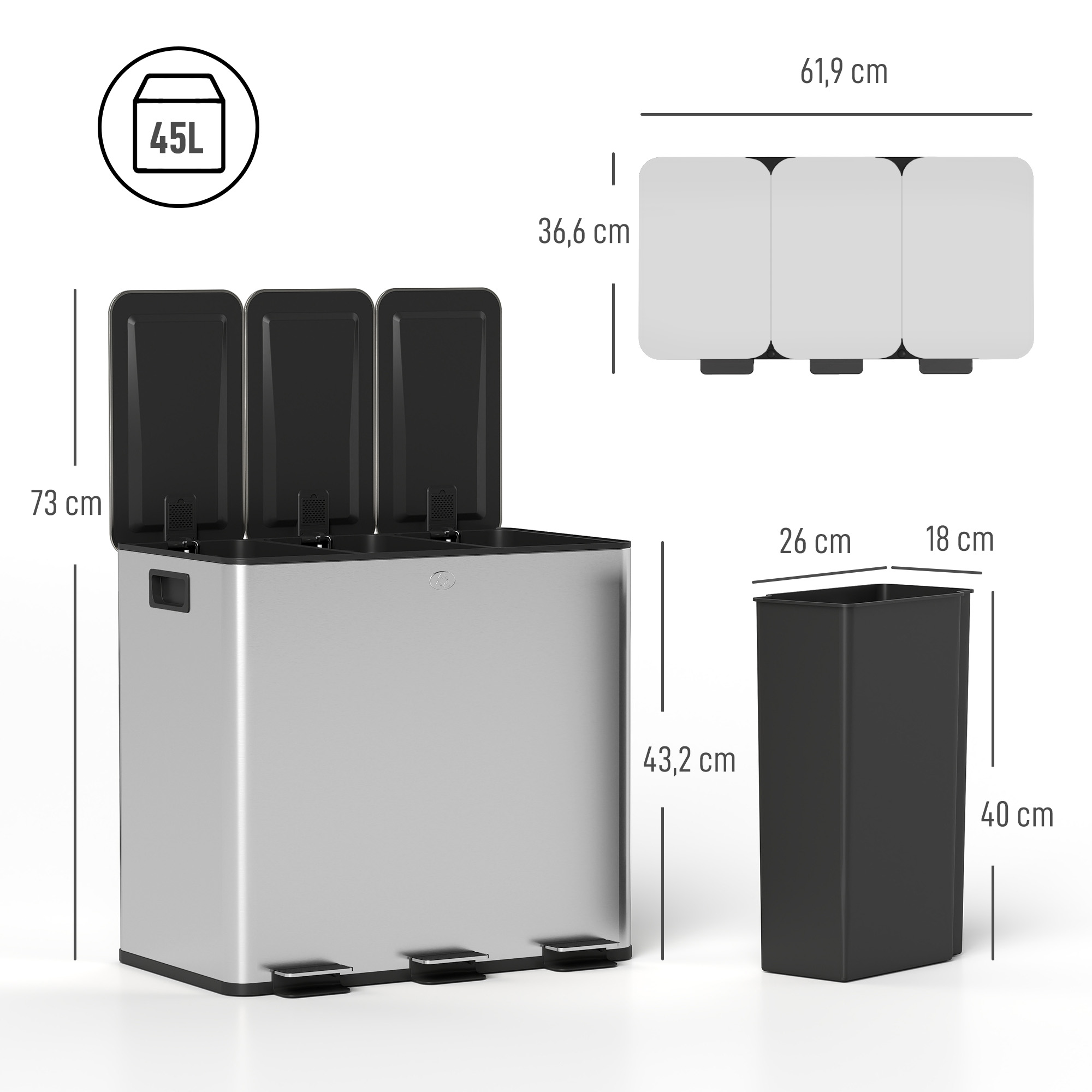 Mülleimer mit 3 x 20 L Fächern, Deodorant-Deckel, fingerabdrucksicher, Soft-Close, herausnehmbar, Silber