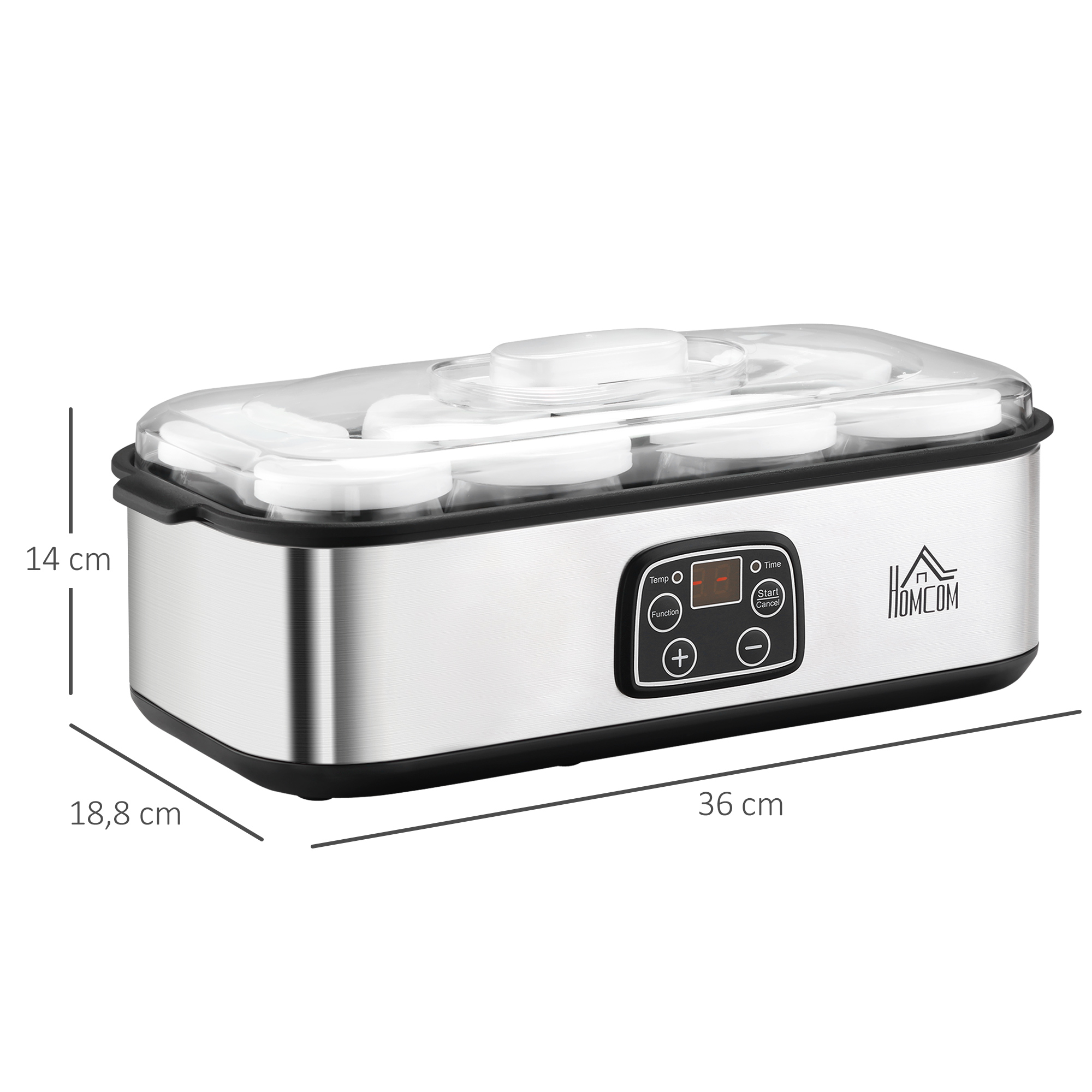 Joghurtbereiter, griechische Joghurtmaschine mit Deckel, 8 BPA-freier Glas-Innenbehälter à 180 ml, Joghurt Maker mit LCD Display Timer, für bis zu 1,4 Liter Joghurt 25 W Silber