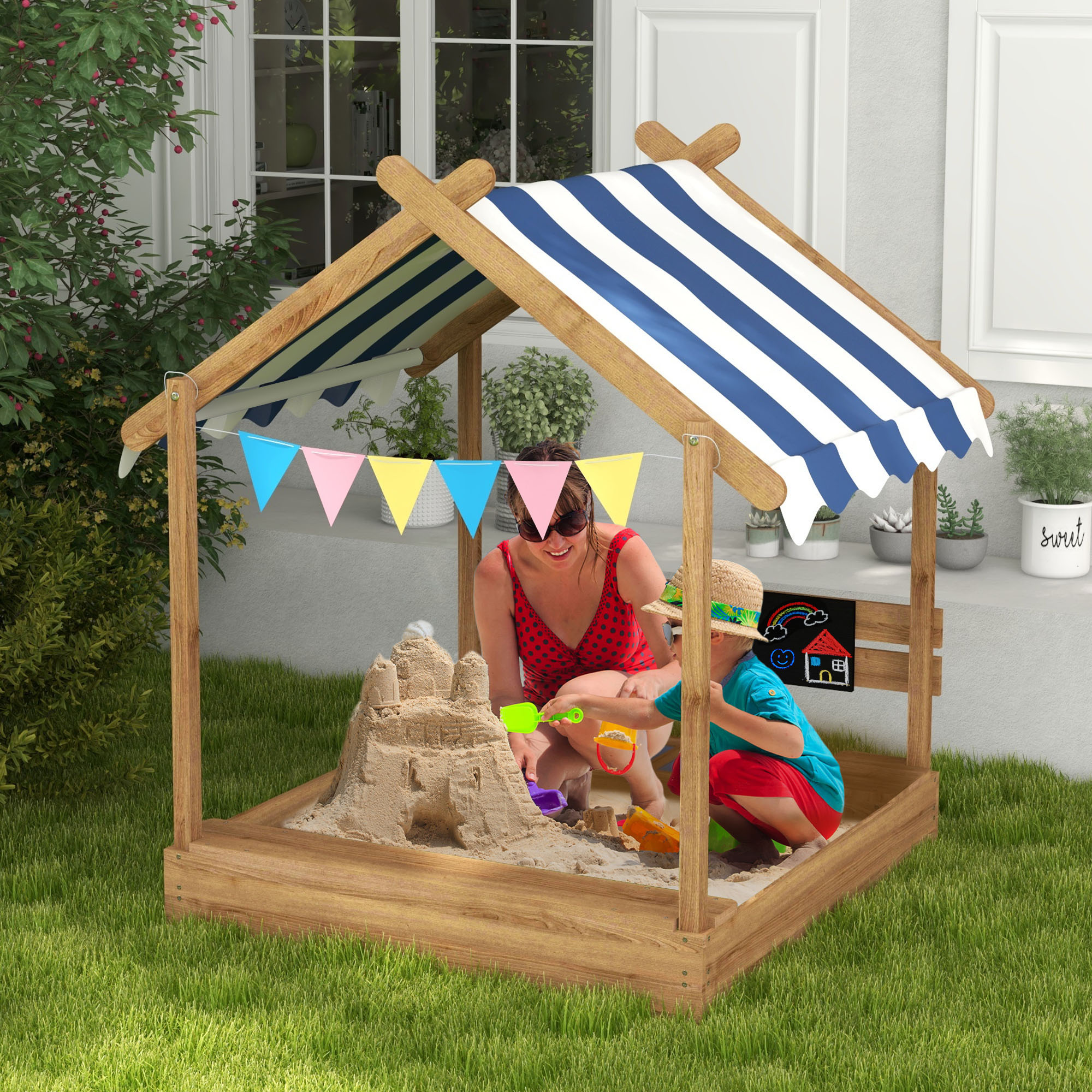 Sandkasten mit Sonnenschutz, Spielhaus-Design, mit Spielzeug-Set, behandeltes Massivholz, 124 x 116 x 146 cm, Braun