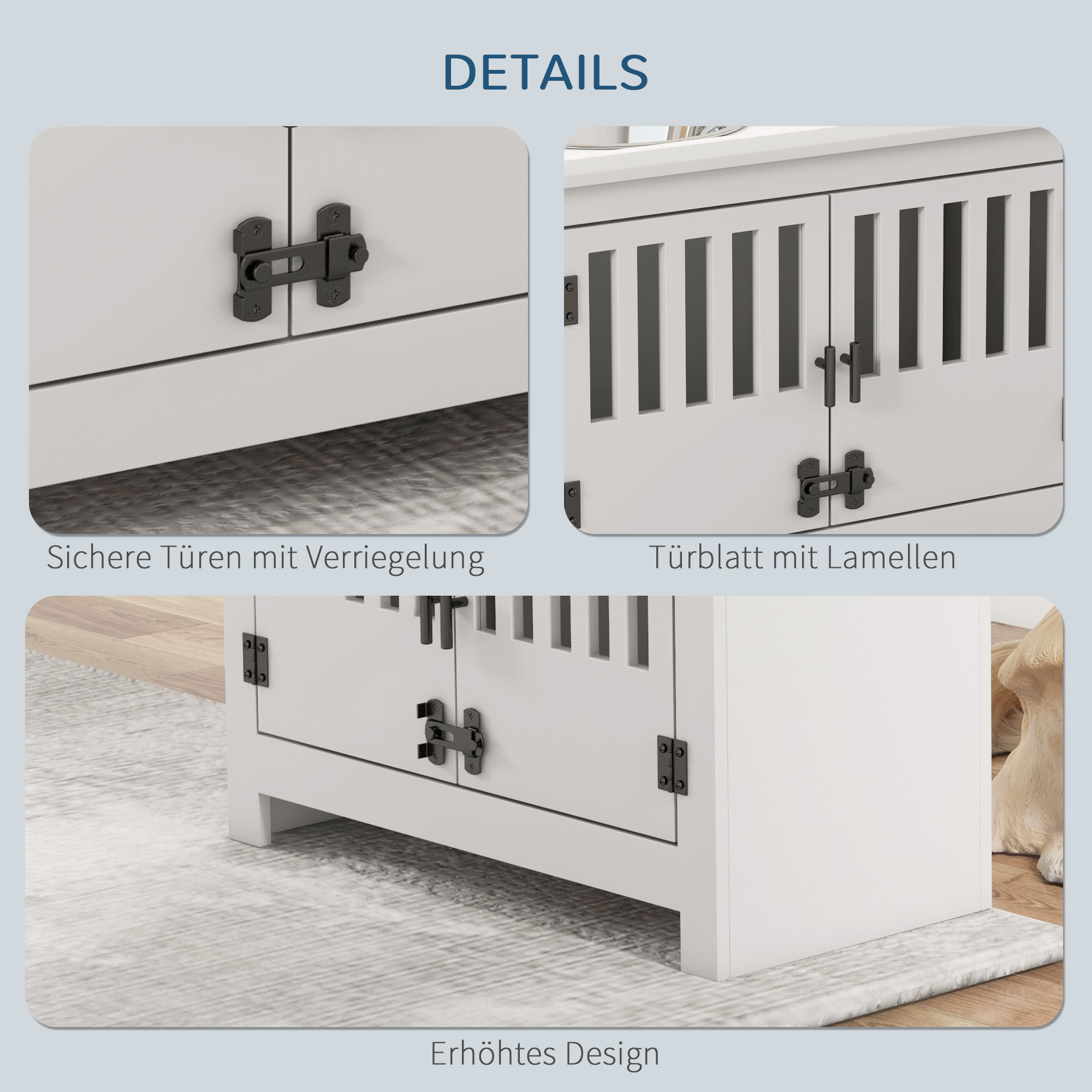 erhöhte Futterstation für große Hunde, 2 Edelstahlnäpfe, Stauraum, 35,5x60x30 cm, Weiß