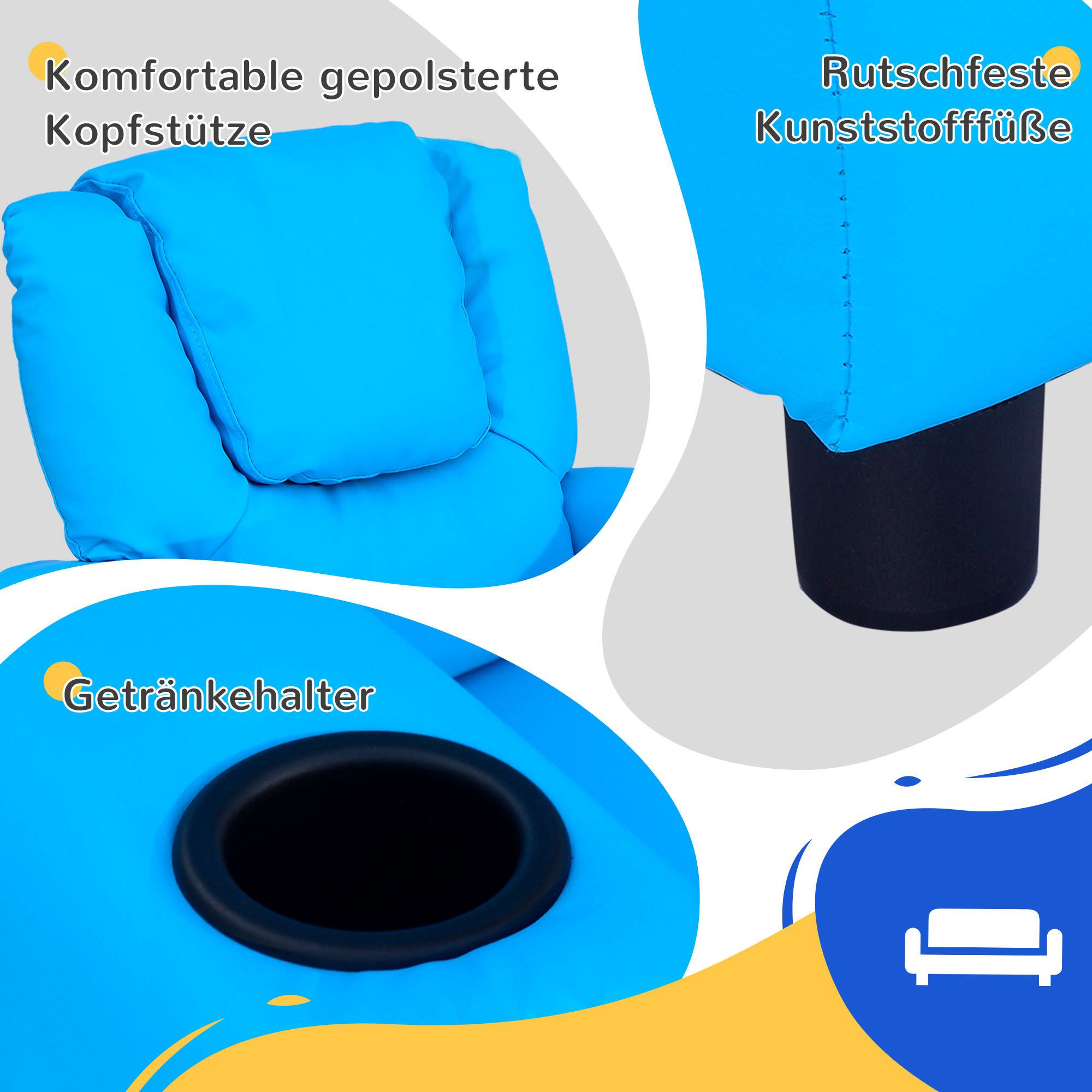 Kindersessel mit neigbarer Rücklehne 62 x 52 x 69cm Massivholzrahmen Blau