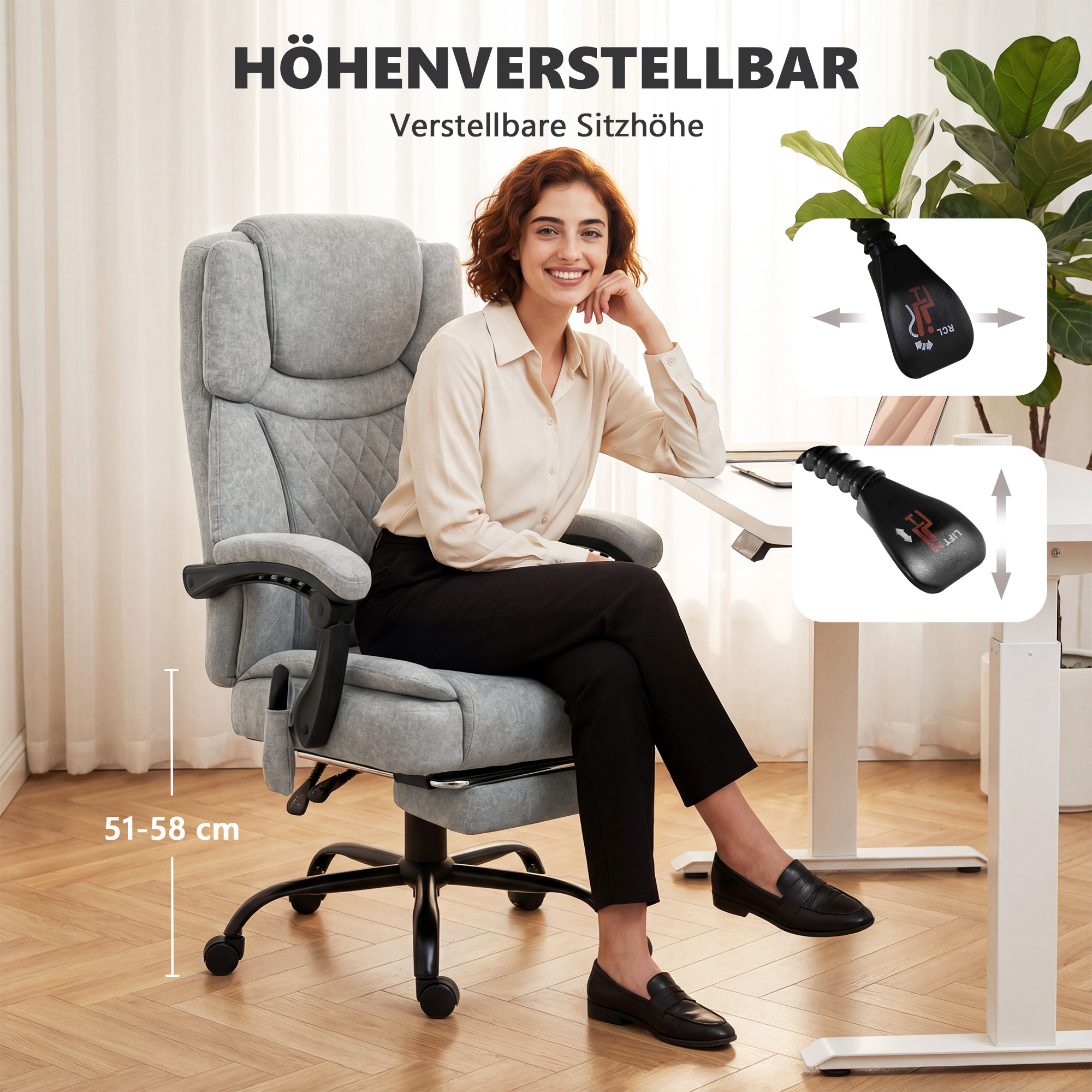 Hochlehner Massage-Bürostuhl mit Vibration, Wärmefunktion, verstellbarer Rückenlehne, Fußstütze, Fernbedienung, grau