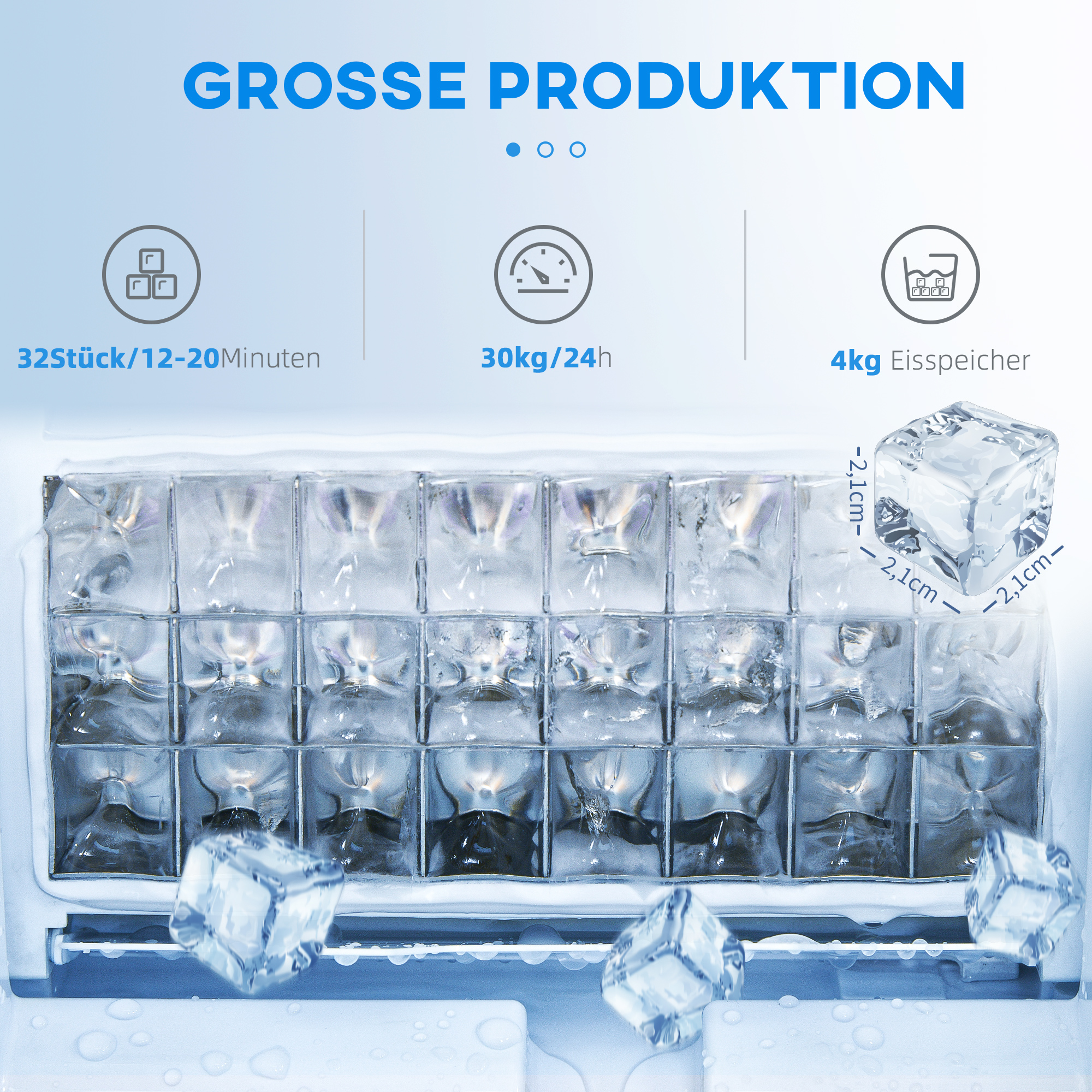 Eiswürfelmaschine, LED-Beleuchtung, leicht lesbare Anzeigen, mit Schaufel, Silber