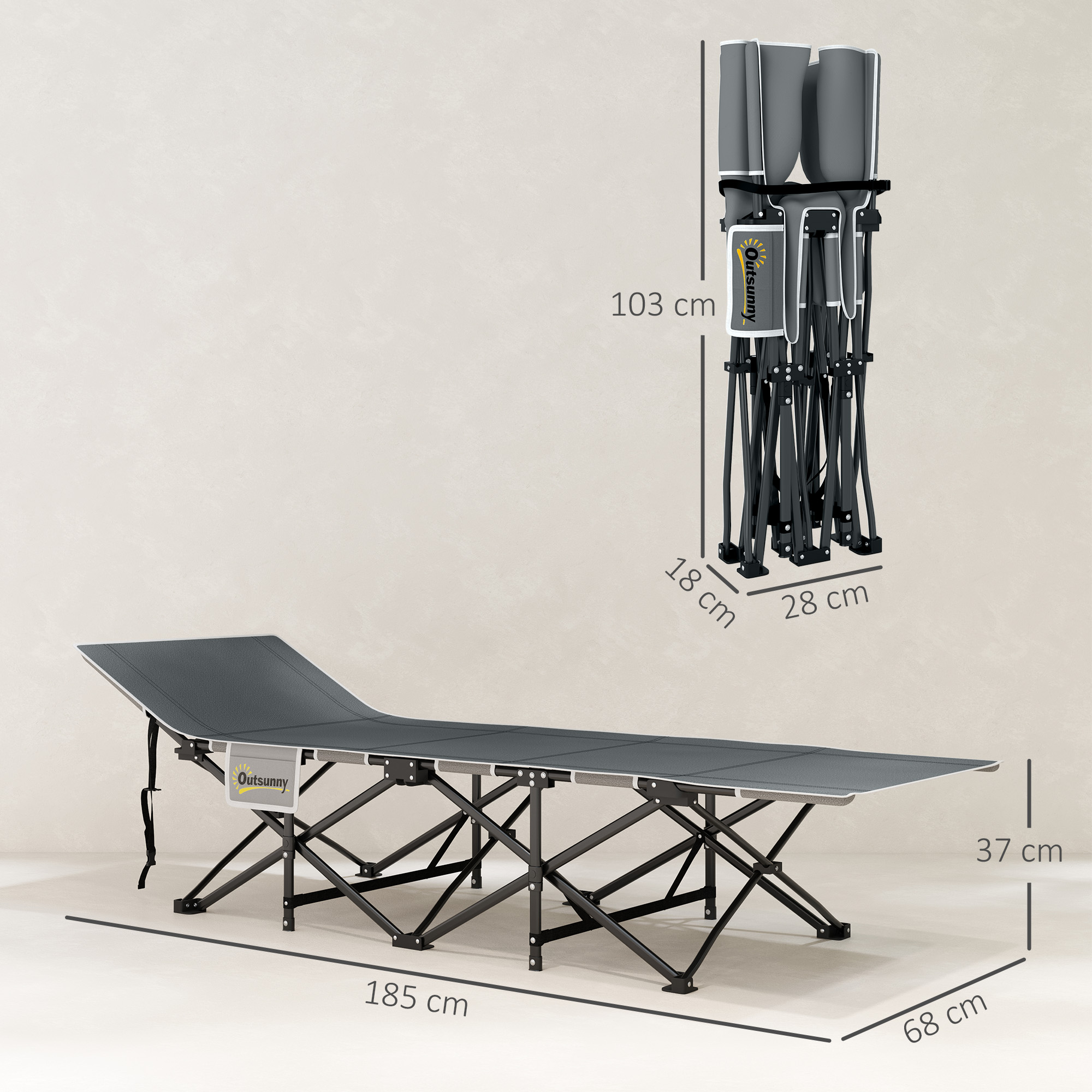 Feldbett faltbar Campingbett mit Matratze Kopfkissen Seitentasche 185 x 68 x 37 cm bis 150 kg Hellgrau