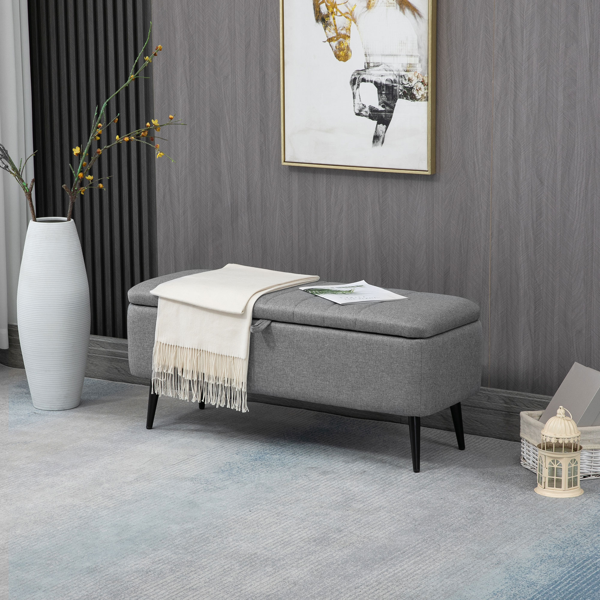 Sitzbank mit Stauraum Polsterbank mit Leinenoptik, Sitztruhe mit Stahlbeine 102 x 40 x 44 cm, Grau