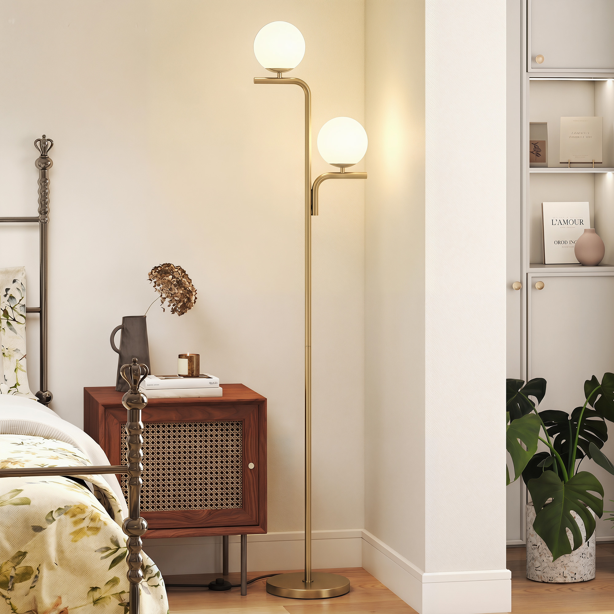 LED-Stehlampe, moderne Lampe mit 3 Farbtemperaturen, Glaskugelschirme und Fußschalter, Gold