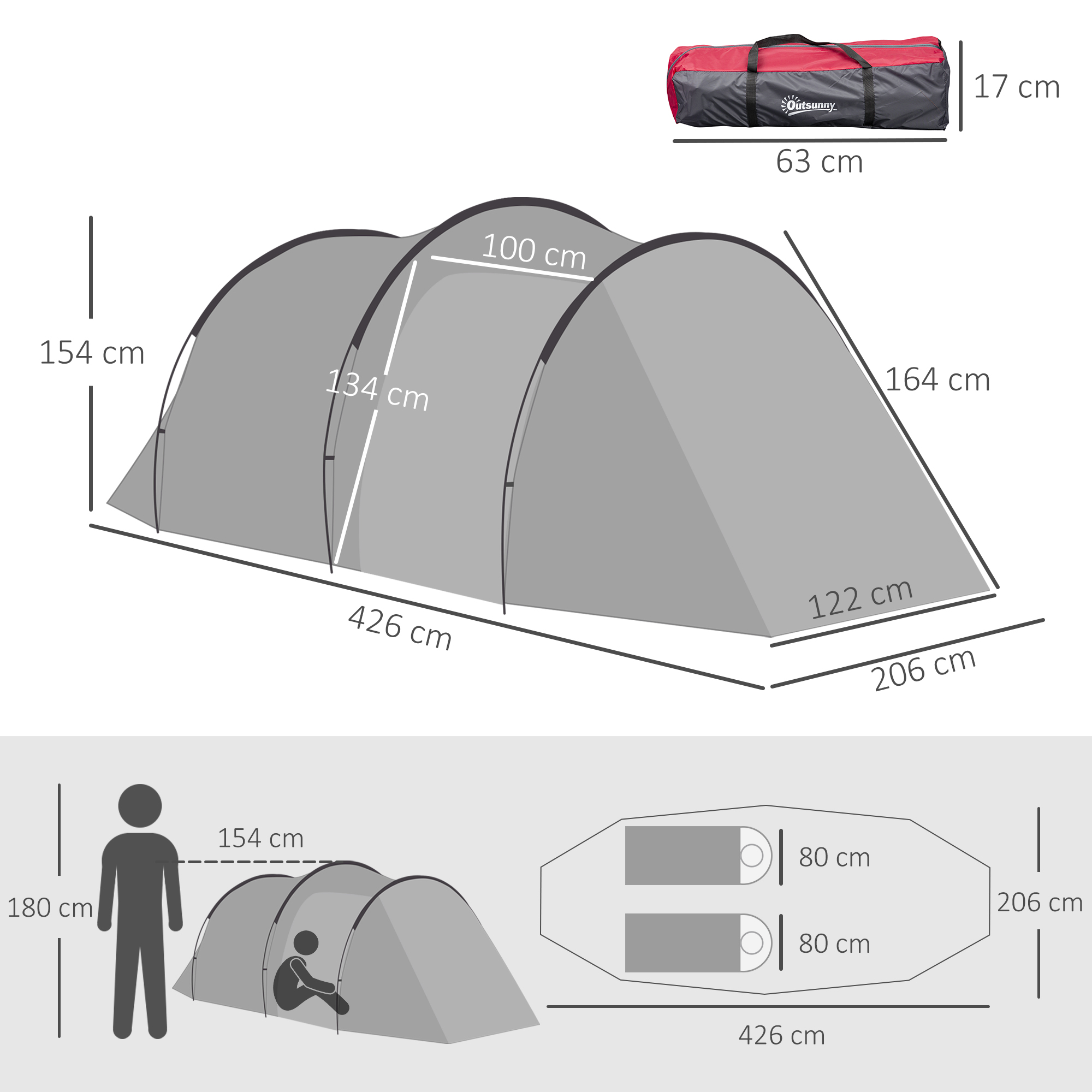 Campingzelt, Wurfzelt für 2-3 Personen, Vorraum & Schlafbereich, wasserdicht, 426 x 206 x 154 cm, Grau