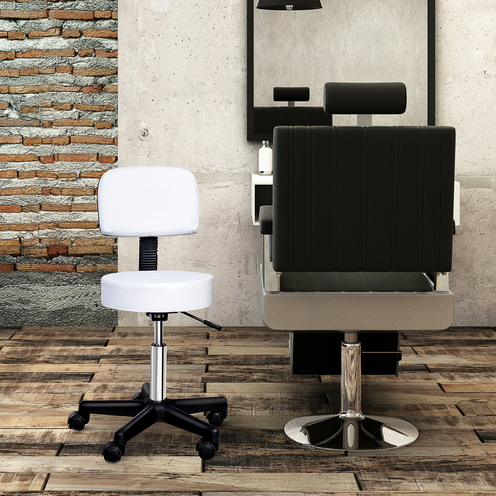 Rollhocker höhenverstellbar mit Rückenlehne Drehhocker 72-84 cm Arbeitshocker 360° drehbar Bürohocker für Büro Salon Massage Spa Weiß