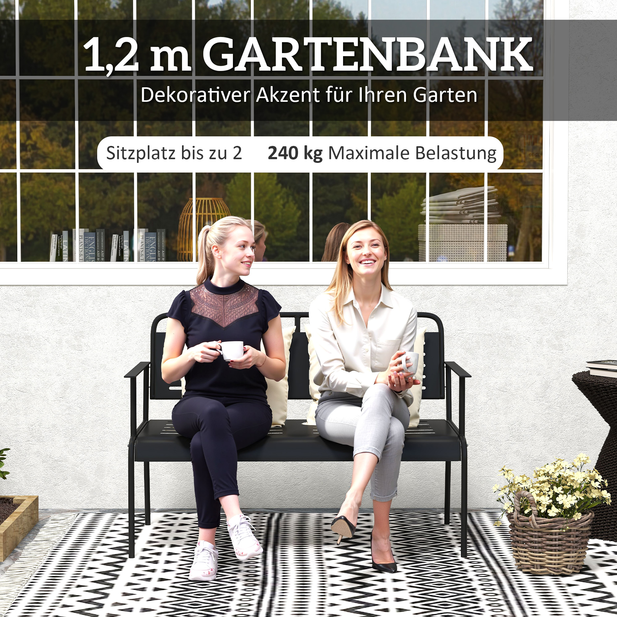 Gartenbank, wetterfest Sitzbank, wasserabweisend Gartenmöbel mit Rücken- & Armlehnen 121 x 64 x 84cm, Schwarz