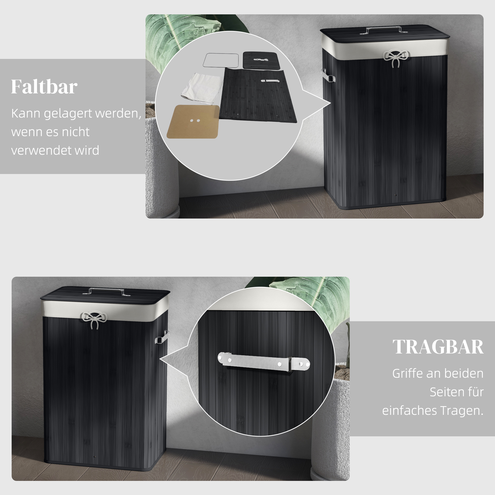 Wäschekorb, Wäschebox, Wäschesammler mit Deckel, Segeltuchsack, Bambus, faltbar, 72L, Schwarz 40 x 30 x 60 cm