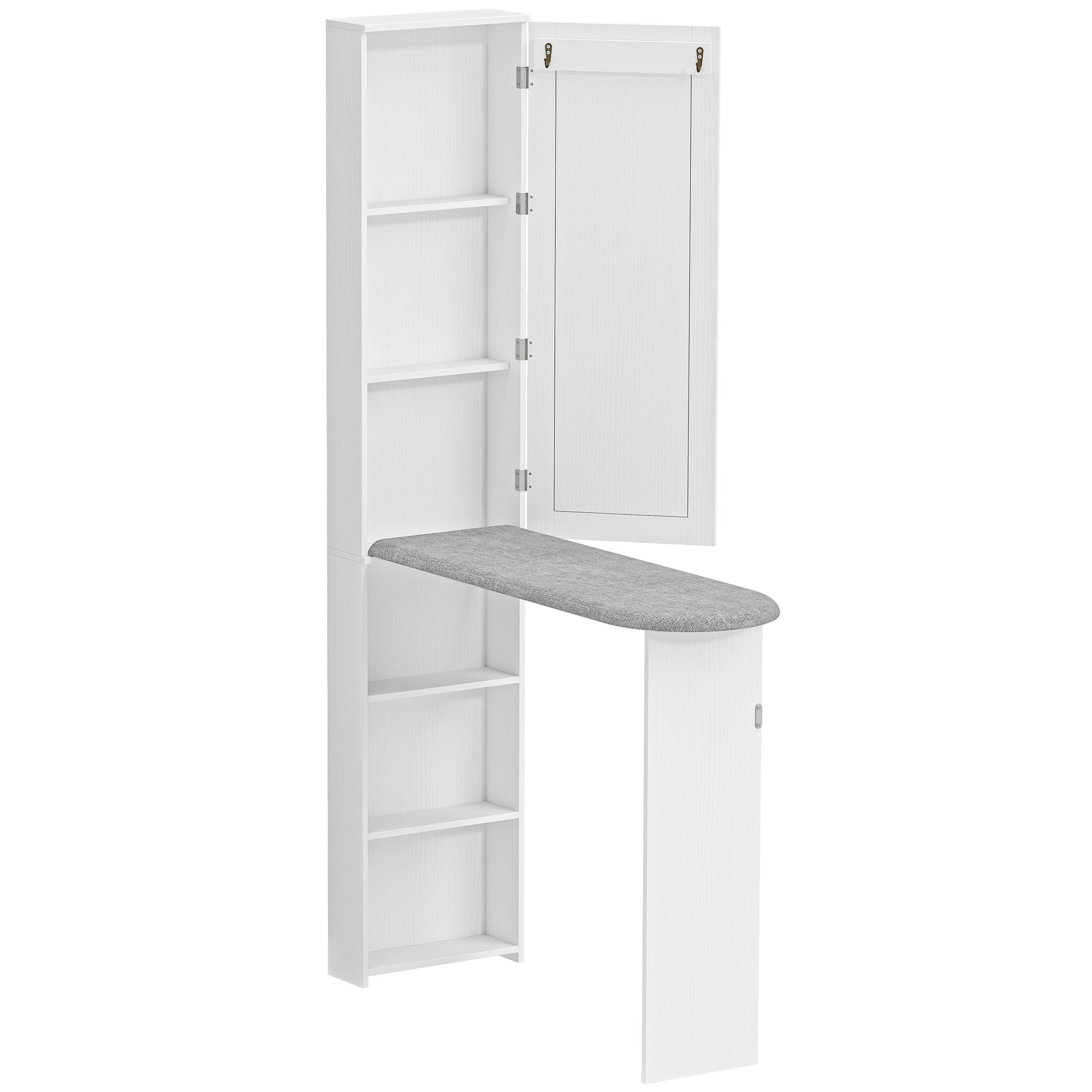 Bügelbrettschrank mit Tür internen Regalen Spiegel Platzsparend Bügeltisch für Wäschepflege 106x35x174 cm Weiß