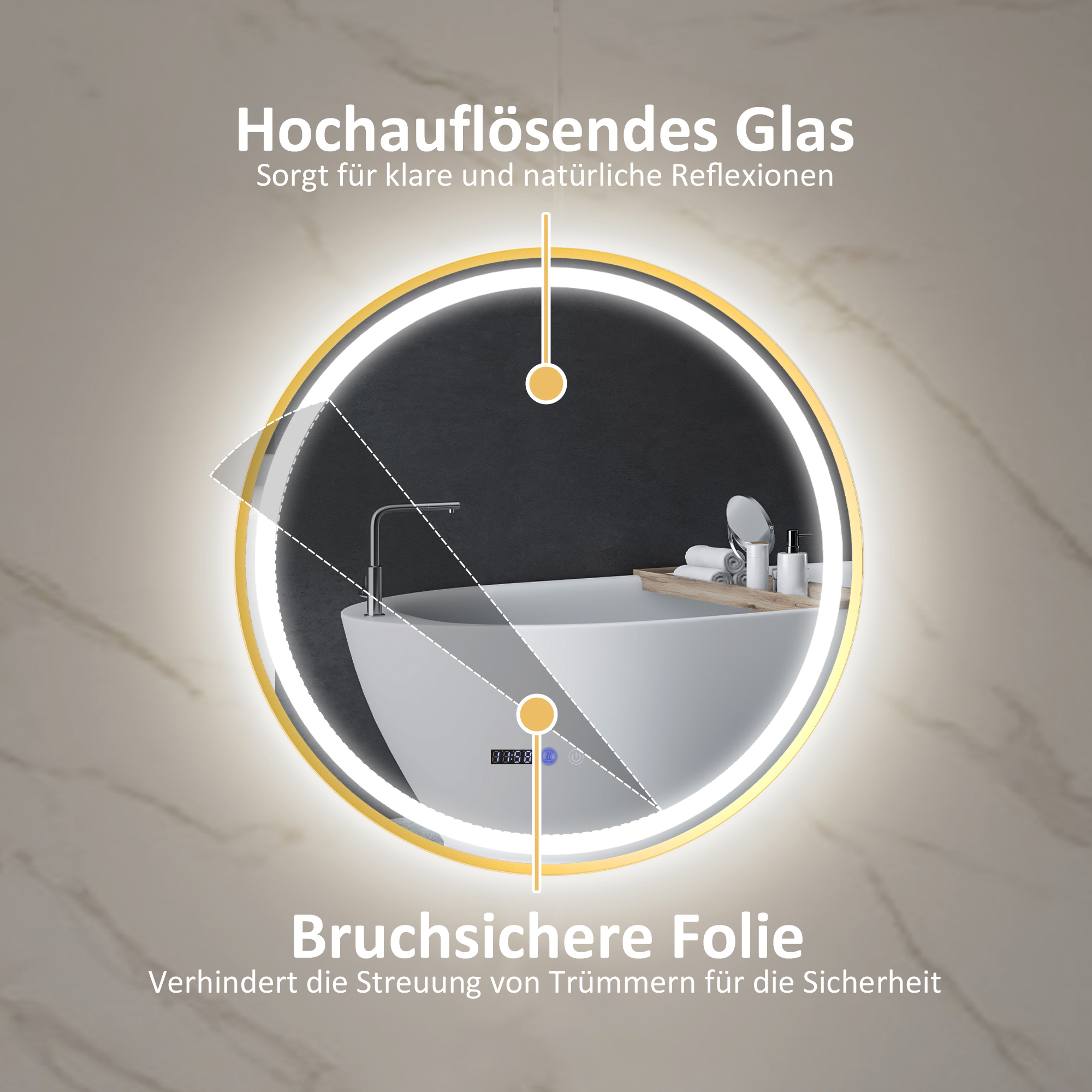 Runder Badezimmerspiegel mit LED-Lichtern, Badspiegel mit Anti-Beschlag-Funktion, Touch-Bedienung, Display