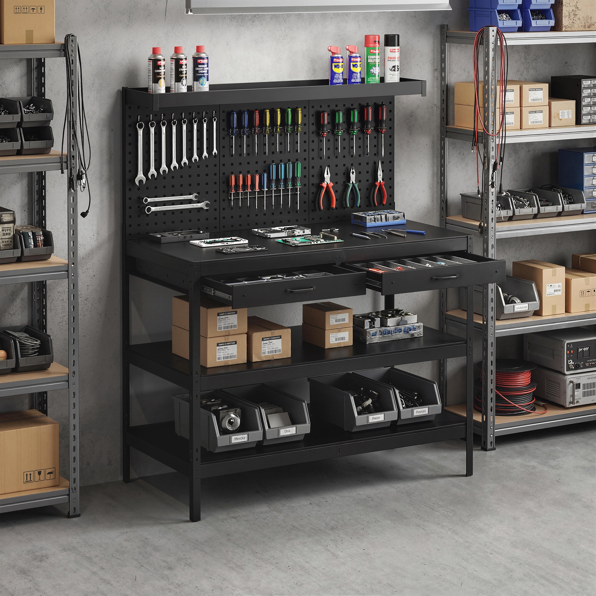 Werkbank mit verstellbaren Regalen, robuste Arbeitsstation mit Lochwand und 2 Schubladen, 122 x 61 x 156 cm, Schwarz