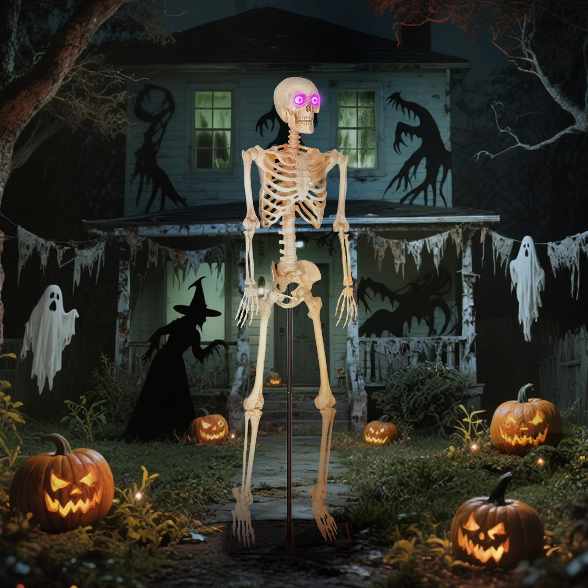 Skelett-Figur, Halloween-Dekoration, bewegliche Arme und Beine, Geräusch-Aktivierung, leuchtende Augen, Batteriebetrieb, 152 cm, Metall, Kunststoff, Gelb Skelett-Figur, Halloween-Dekoration, bewegliche Arme und Beine, Geräusch-Aktivierung, leuchtende Augen, Batteriebetrieb, 152 cm, Metall, Kunststoff, Gelb