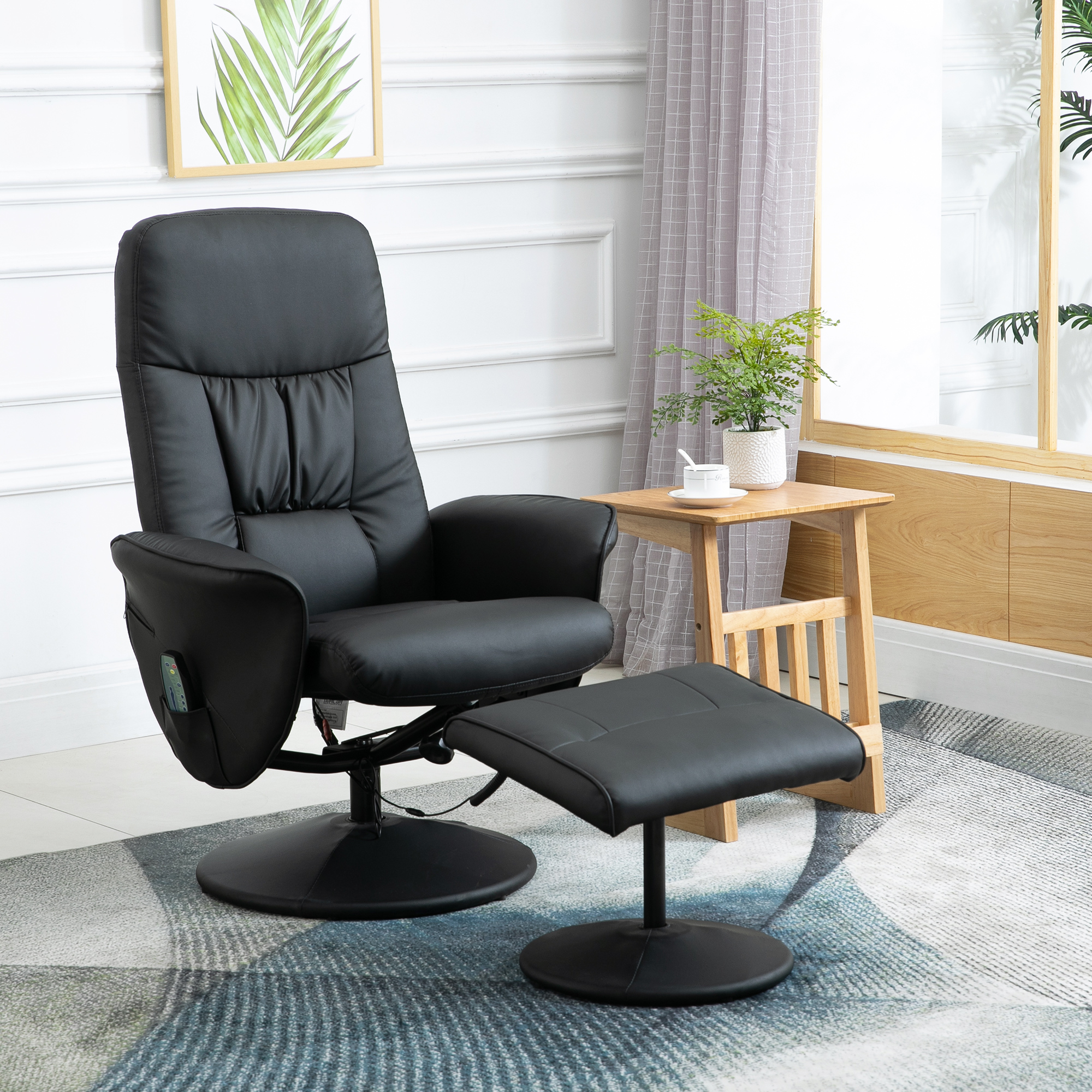 Relaxsessel mit Fußhocker, Massagesessel mit Liegefunktion, 10 Massagepunkte, Drehbarer Fernsehsessel mit Seitentasche, Fernbedienung, Kunstleder, Schwarz