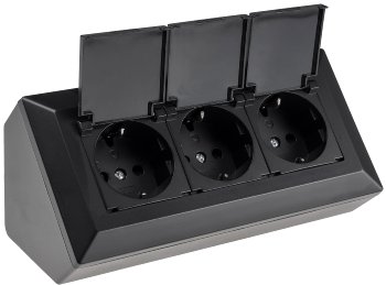 3-fach Steckdosenblock, schwarz / 250V~/ 16A, Aufbaumontage mit Klappen