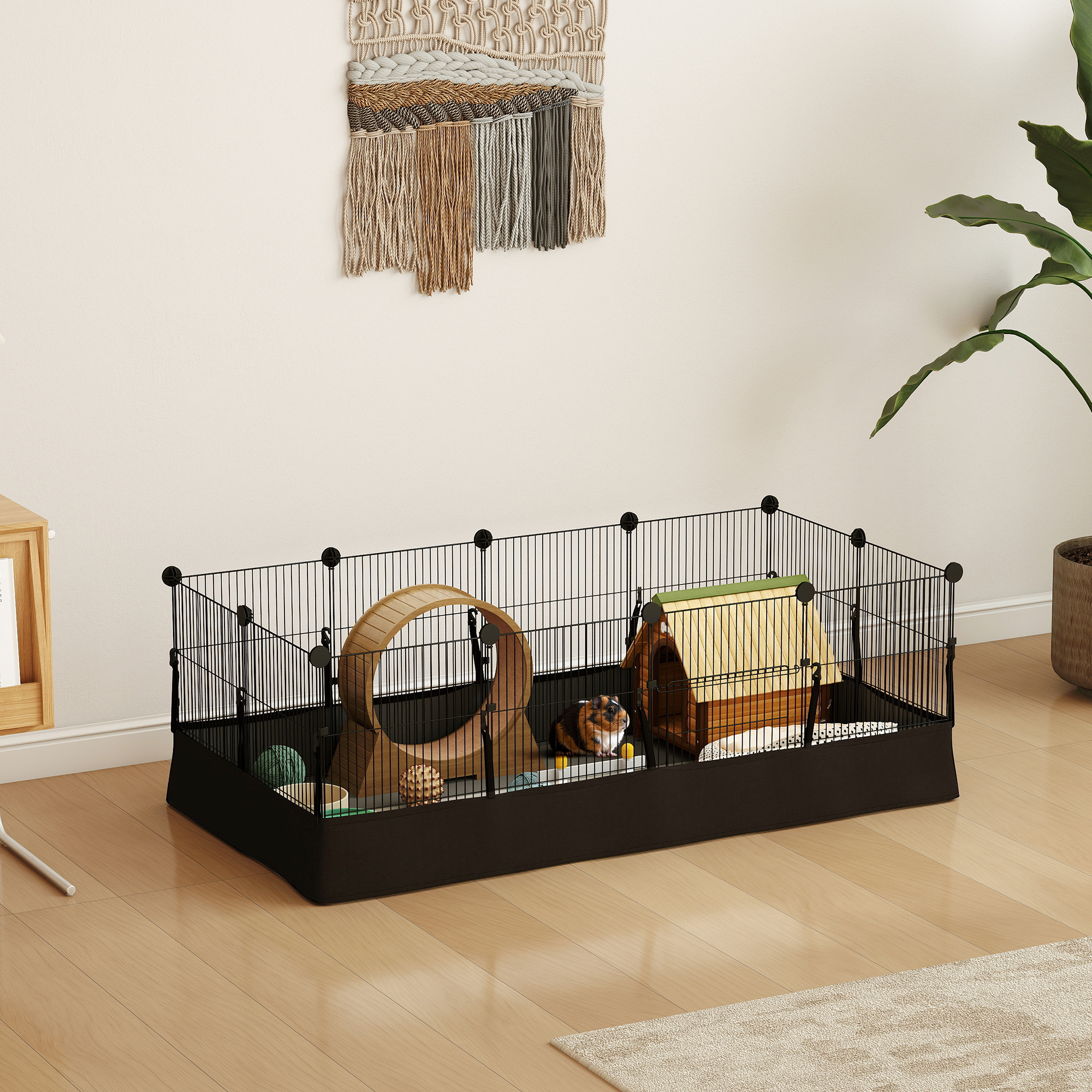 Kleintiergehege mit Bodenplatten Freilaufgehege Laufstall mit 12 Paneel, wasserdichte Matte, 120x60x40 cm, Schwarz