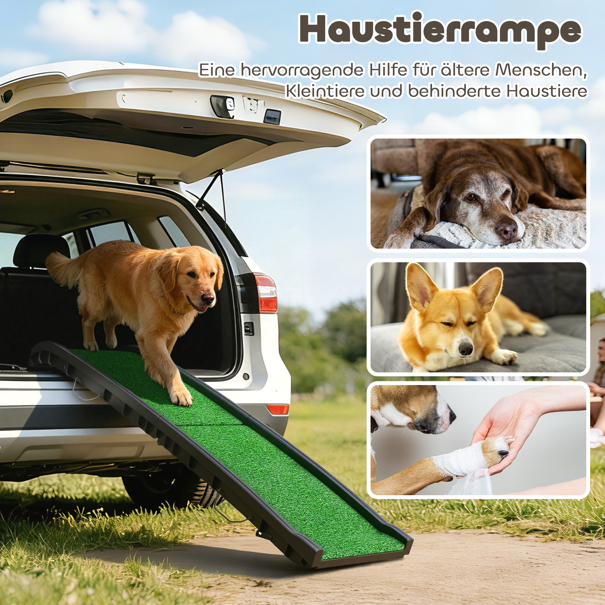 Hunderampe klappbar Hundetreppe rutschfest Einstiegshilfe für Kofferraum, für Tiere bis 90 kg 155x38,5x15,5 cm Schwarz