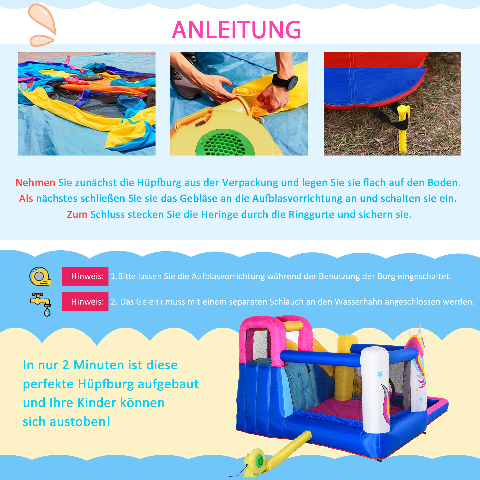 Hüpfburg im Märchendesign inkl. Gebläse, Rutsche, Wasserbecken u. Basketballkorb 360 x 305 x 210 cm