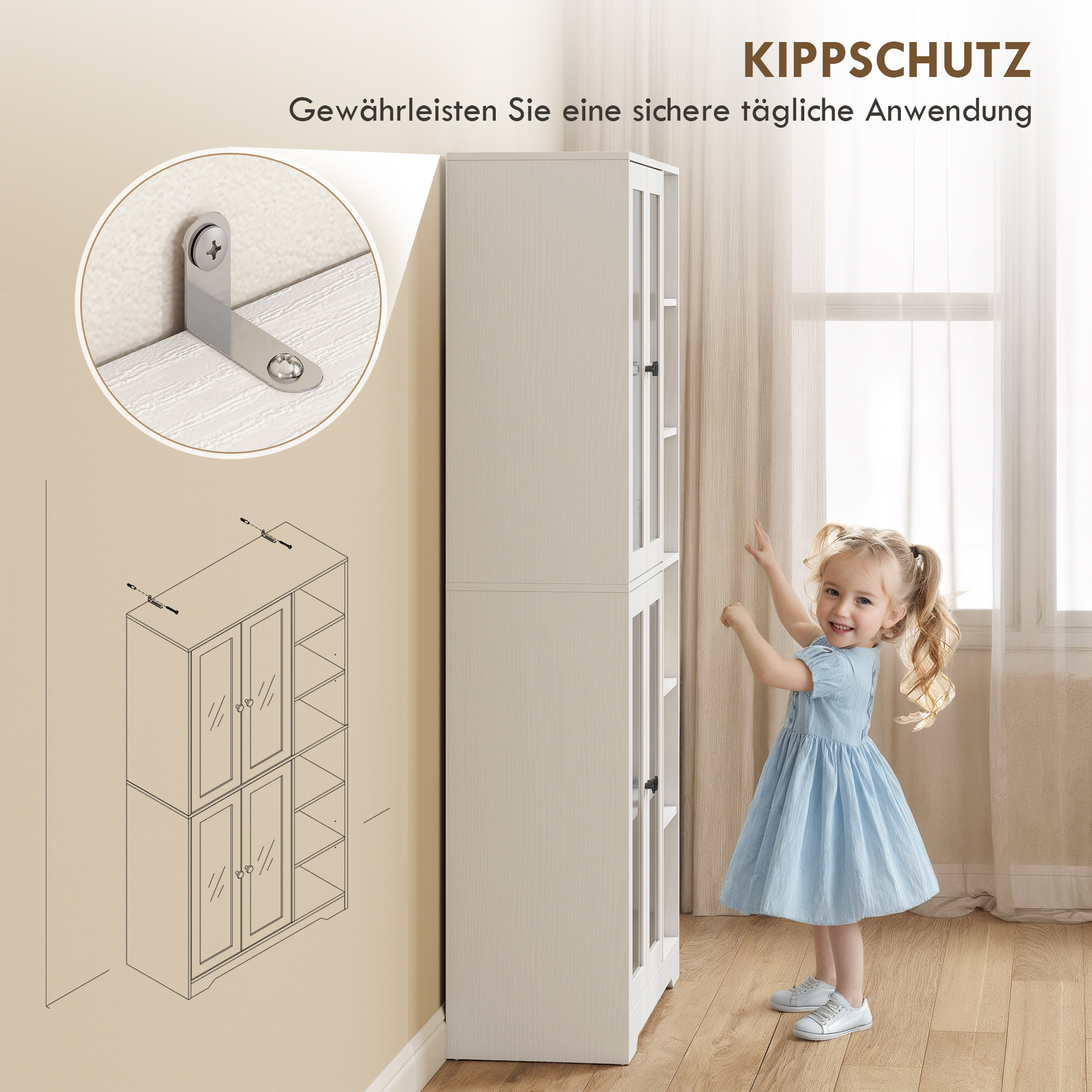 Küchenschrank mit Glastüren, Regale, offene Ablagen, 172 cm groß, MDF, Weiß