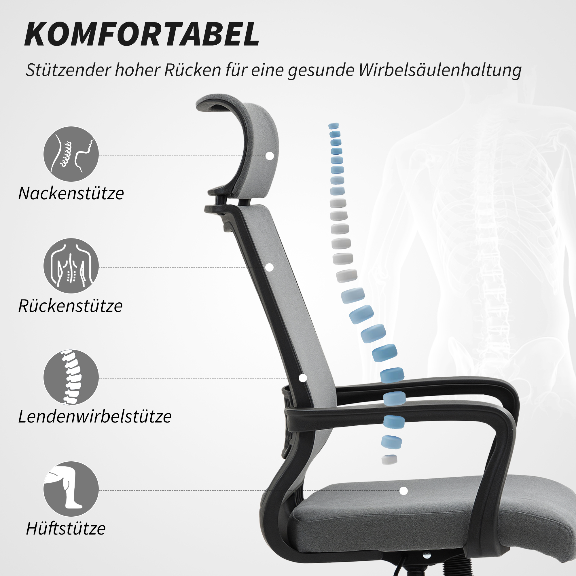 Bürostuhl mit weicher Rückenlehne, Räder, Armlehnen, höhenverstellbarer Schreibtischstuhl, Kunstwolle, Grau