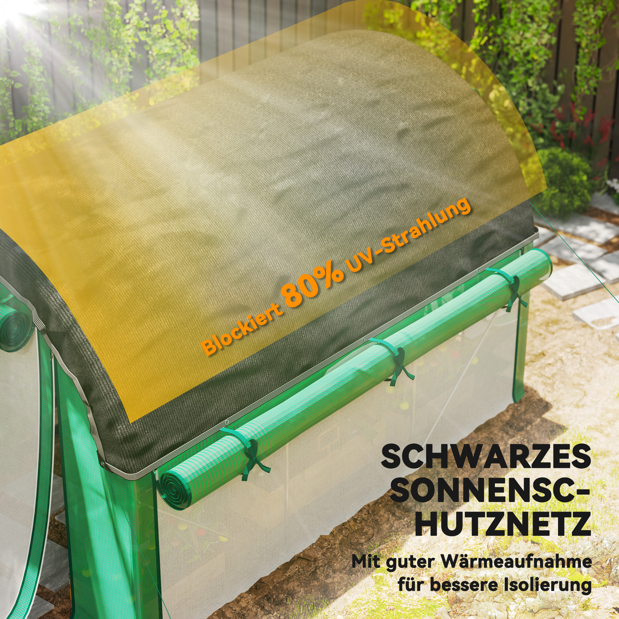 3 x 2 x 2 m Polytunnel-Gewächshaus mit Sonnenschutznetz, rollbaren Seitenwänden, Kunststoff-Abdeckung, Stahlrahmen, Grün