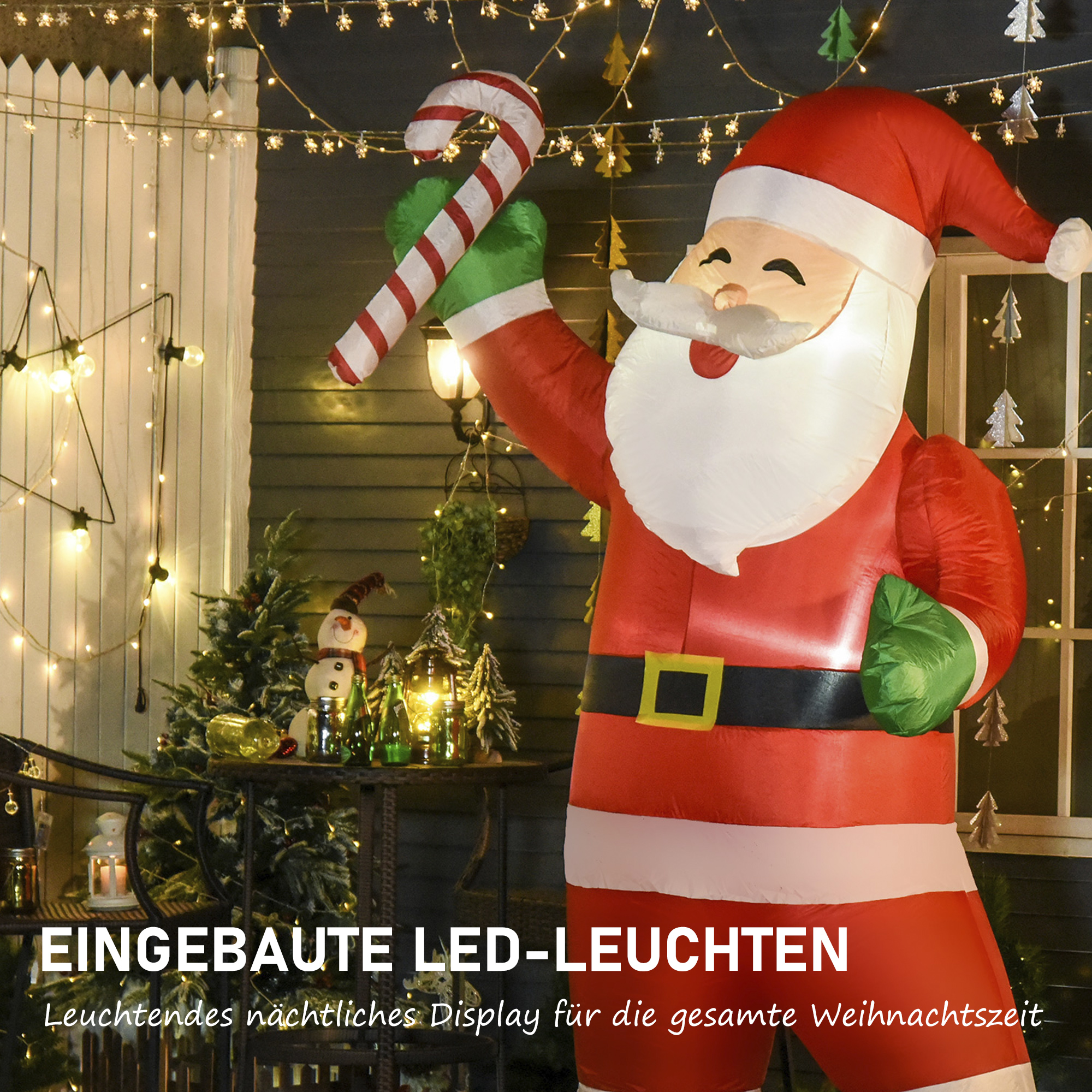 Aufblasbar Weihnachtsdeko, 2,4 m Weihnachtsmann mit LED-Beleuchtung, Zuckerstange für Innen- und Außenbereich