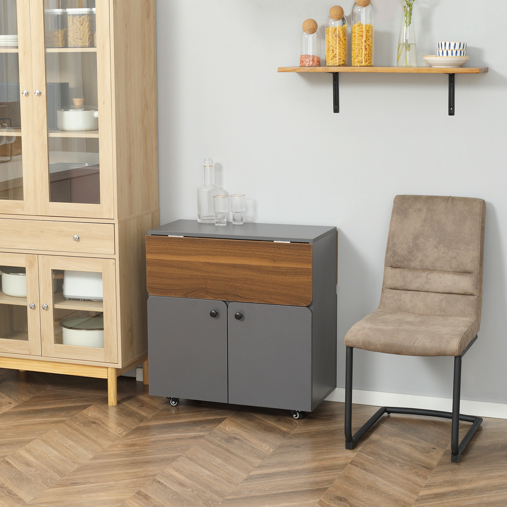 Klapptisch Rollschrank, zwei klappbare Tischseiten, Schrankfach, 4 Rollen, Hellgrau+Dunkelbraun, 70 x 83 x 75cm