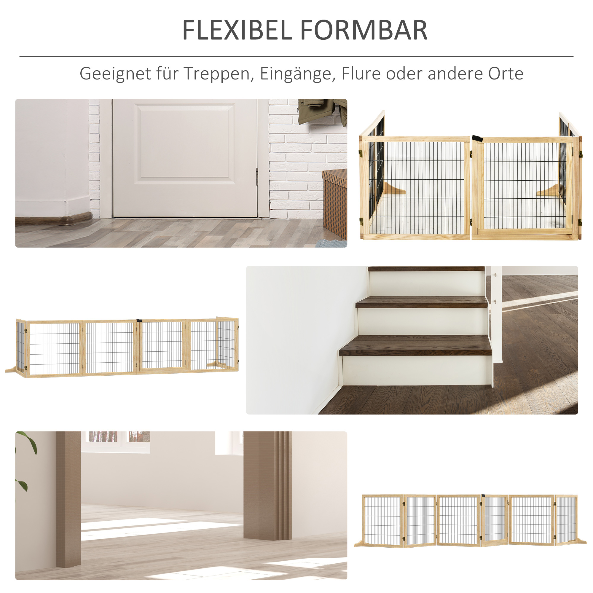 Haustiergitter Absperrgitter für Hunde, Kiefernholz, klappbar 432 x 36 x 70c m, Natur