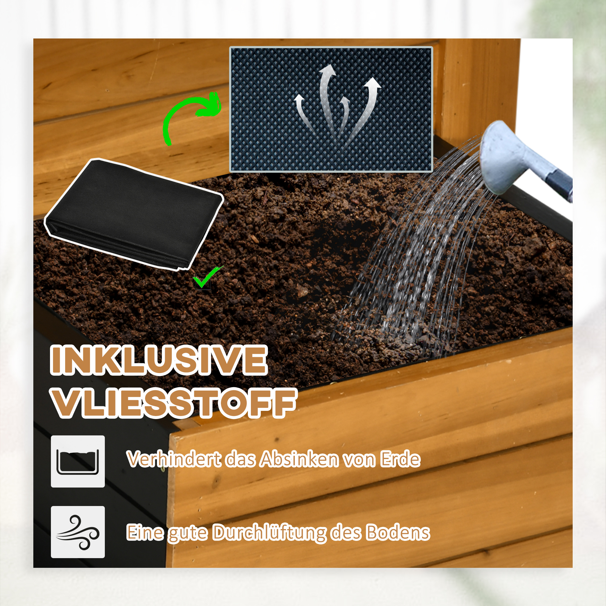 Hochbeet mit 4 Pflanzkästen, Selbstbewässerungssystem, Vliesverkleidung, wetterbeständig, 79,5 cm x 49,5 cm x 80 cm